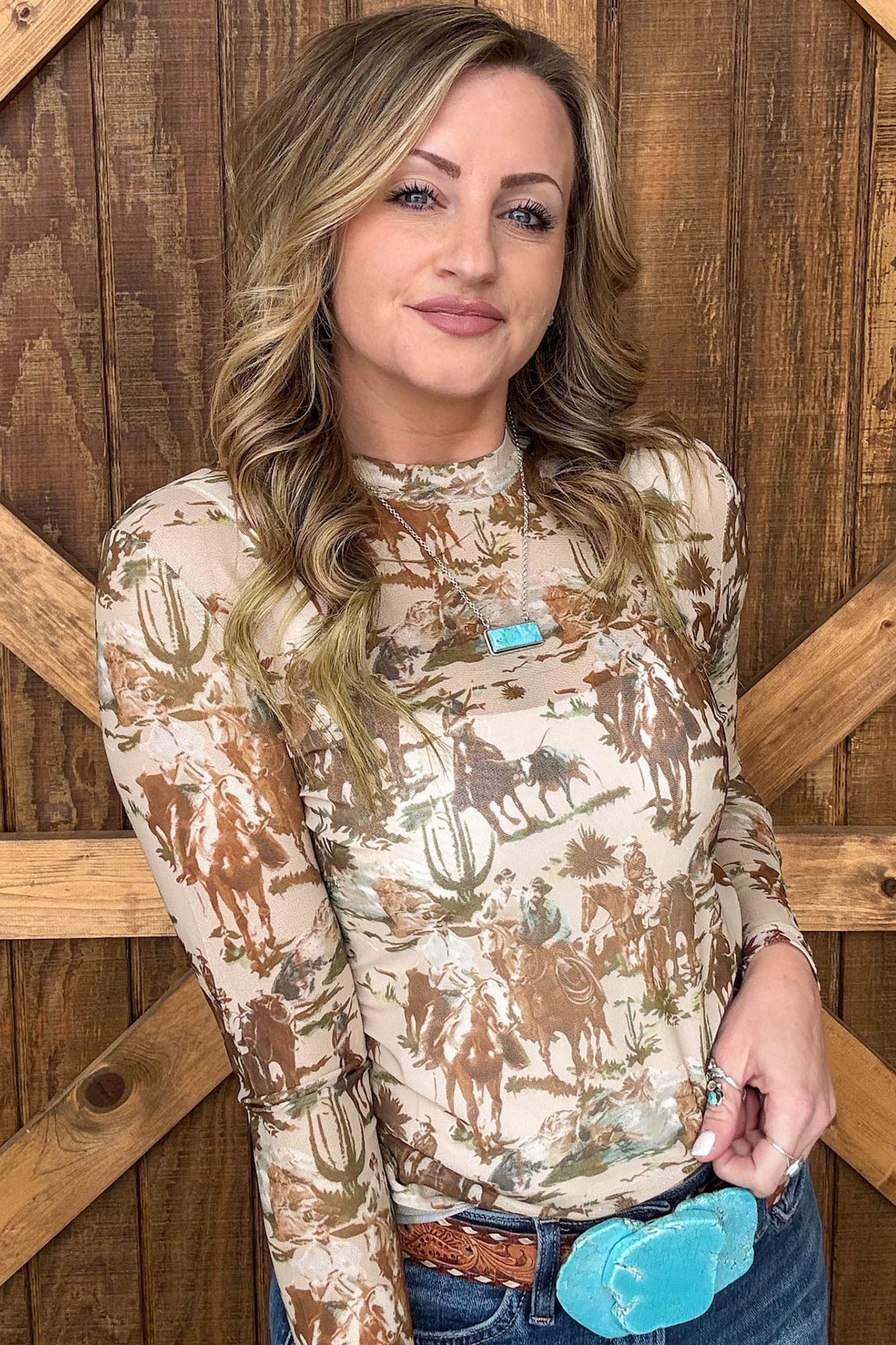 Brown Western Cowboy Floral Print Sheer Mesh Long Sleeve Top-Tops/Long Sleeve Tops-[Adult]-[Female]-2022 Online Blue Zone Planet