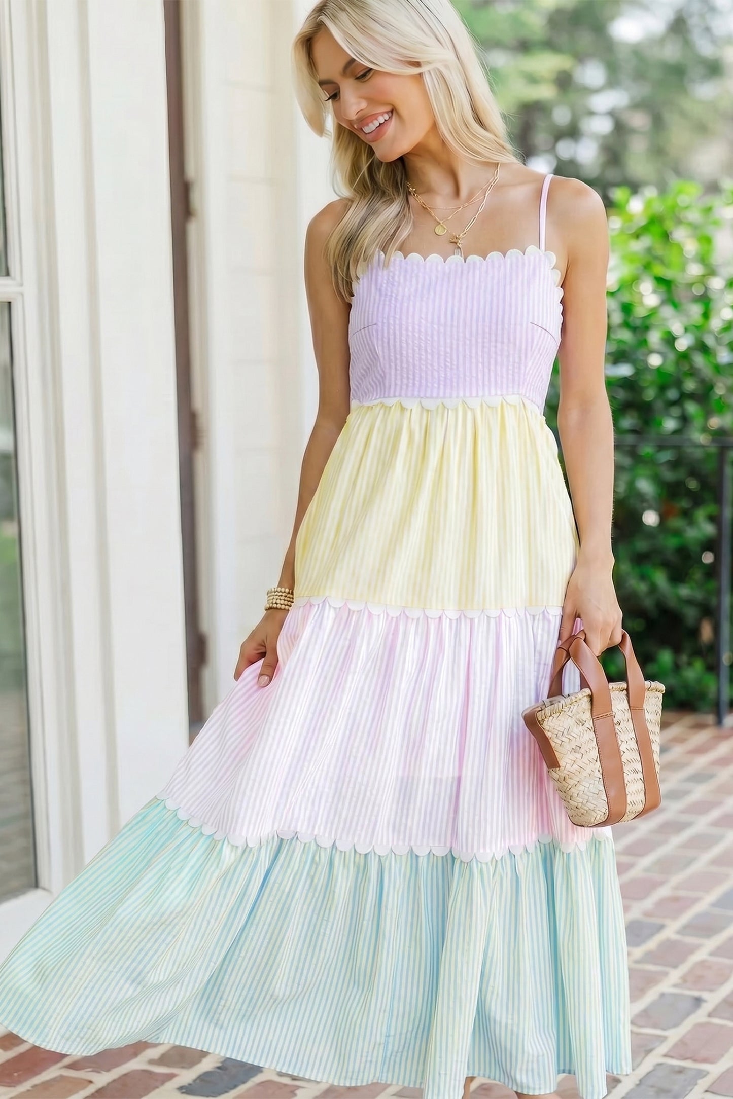 Multicolour Striped Colorblock Adjustable Strap Scalloped Detail Long Dress-Dresses/Maxi Dresses-[Adult]-[Female]-2022 Online Blue Zone Planet