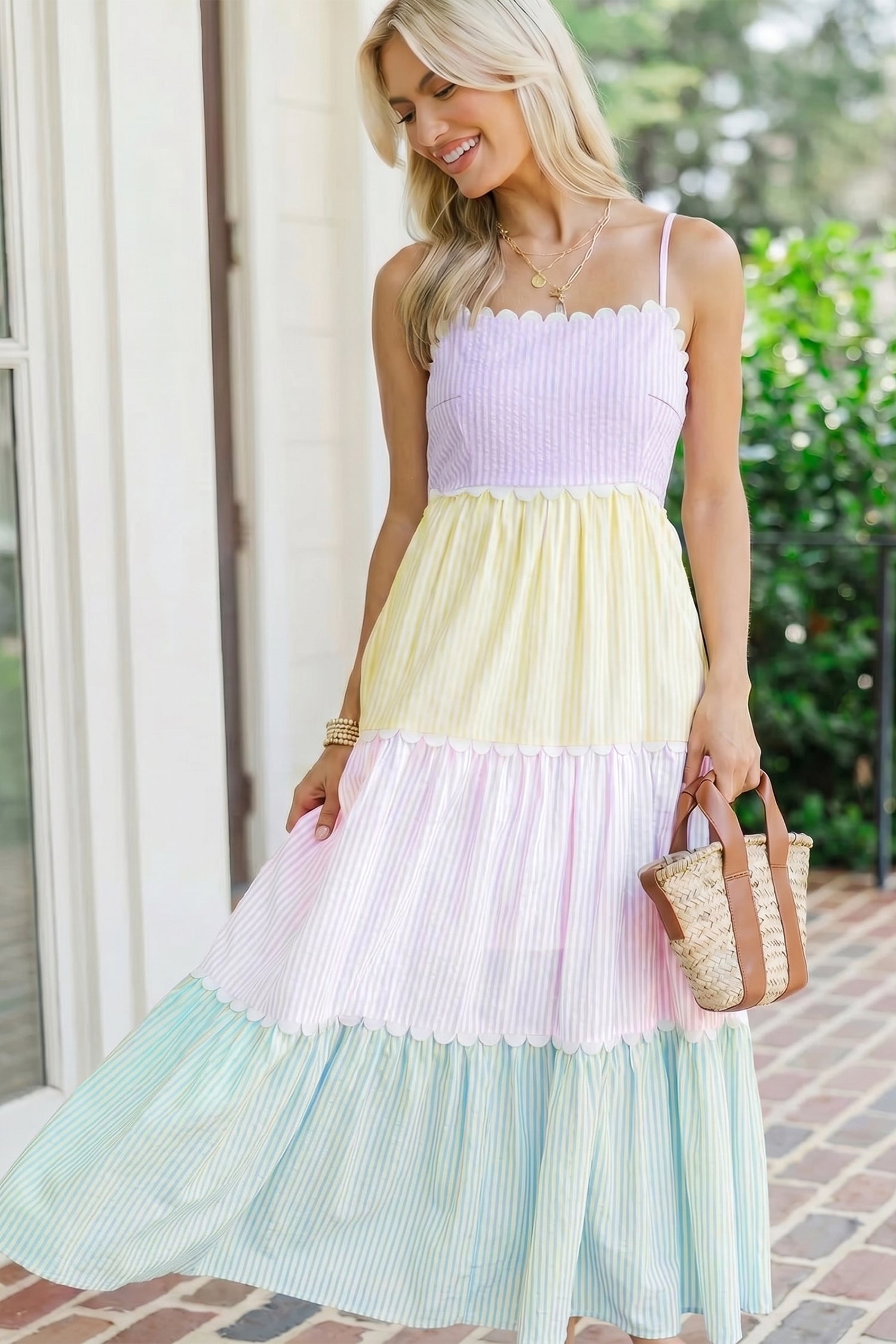Multicolour Striped Colorblock Adjustable Strap Scalloped Detail Long Dress-Dresses/Maxi Dresses-[Adult]-[Female]-2022 Online Blue Zone Planet