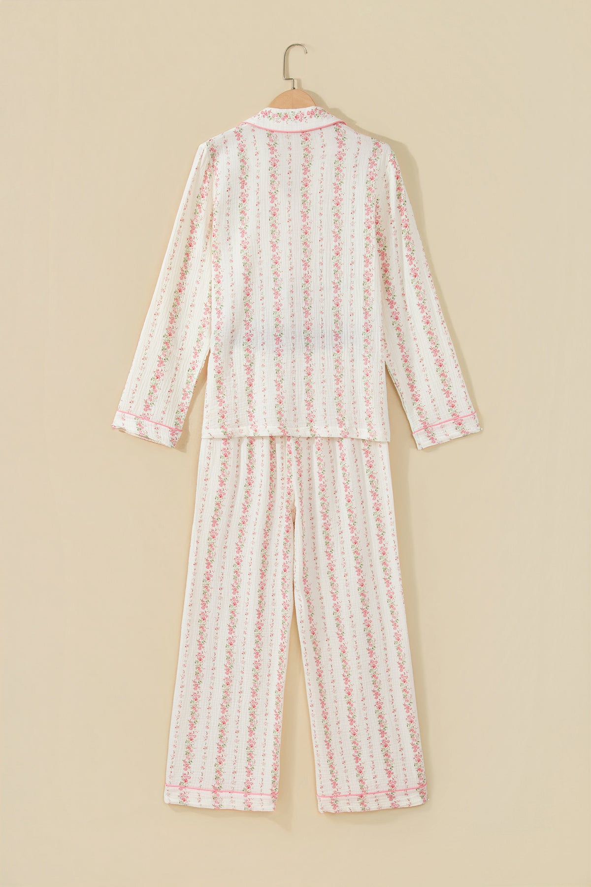 Pink Floral Print Long Sleeve Button Front Shirt Pajama Pant Set-Loungewear & Sleepwear/Loungewear-[Adult]-[Female]-2022 Online Blue Zone Planet