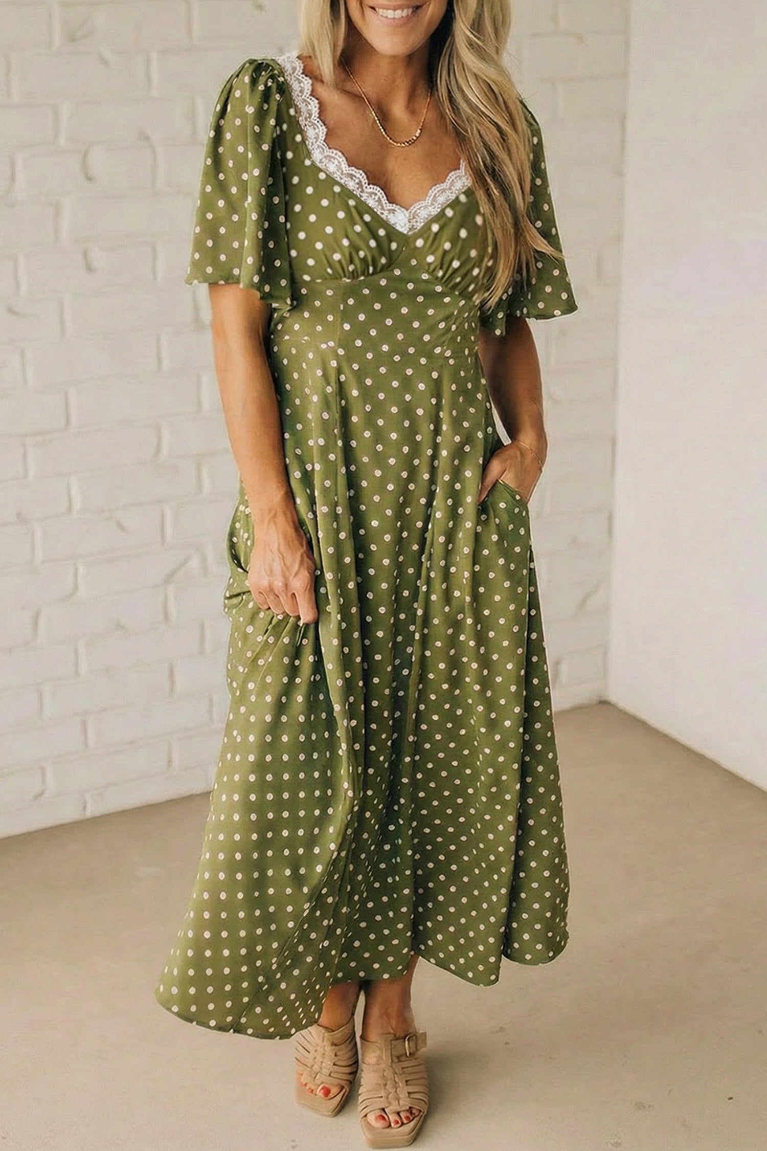Green Polka Dot Print Lacy Neckline Smocked High Waist Maxi Dress-Dresses/Maxi Dresses-[Adult]-[Female]-Green-S-2022 Online Blue Zone Planet