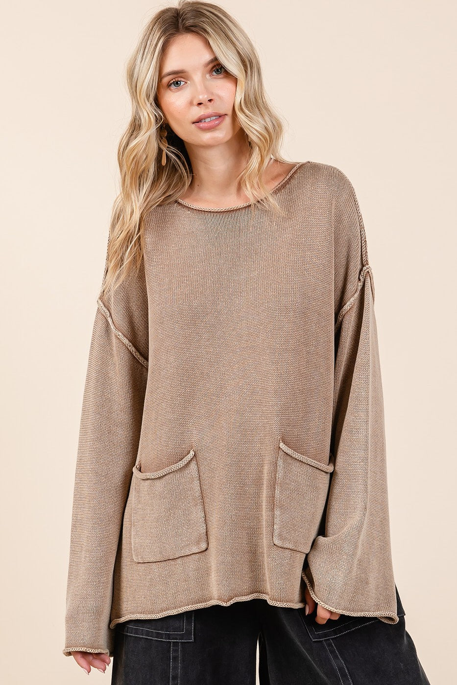 Mittoshop Mineral Wash Patch Pocket Cut Edge Sweater-TOPS / DRESSES-[Adult]-[Female]-Latte-S-2022 Online Blue Zone Planet