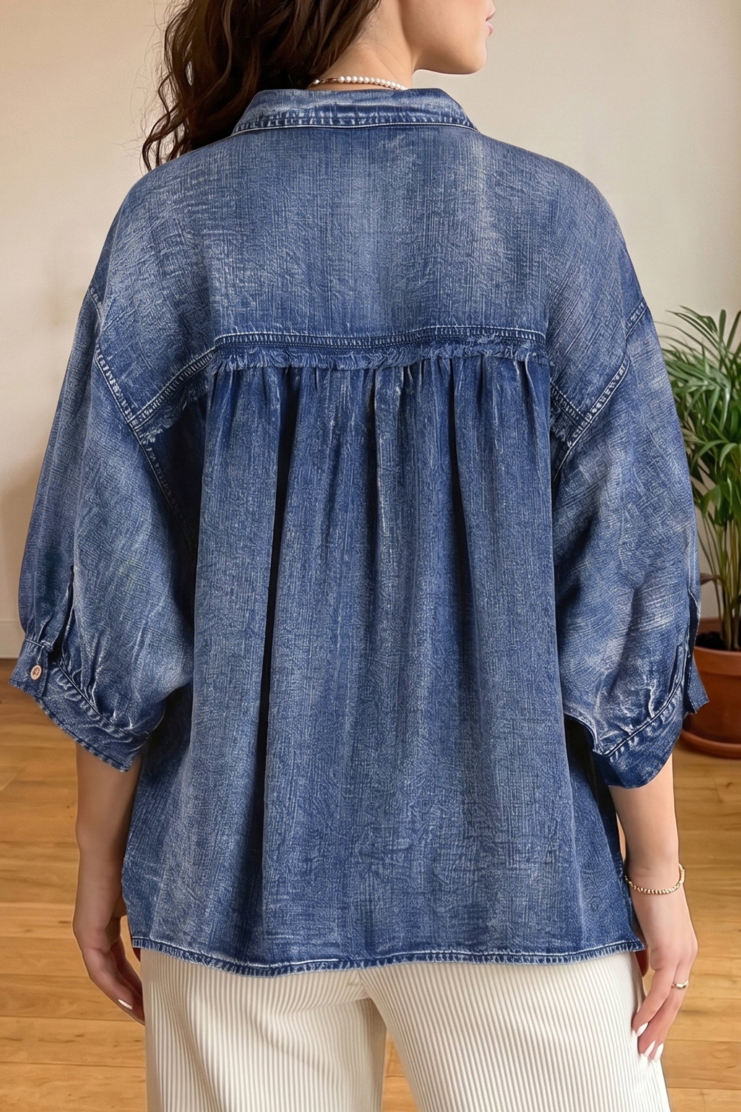 Dusk Blue Three Quarter Sleeve Button Front Loose Denim Shirt-Tops/Blouses & Shirts-[Adult]-[Female]-2022 Online Blue Zone Planet