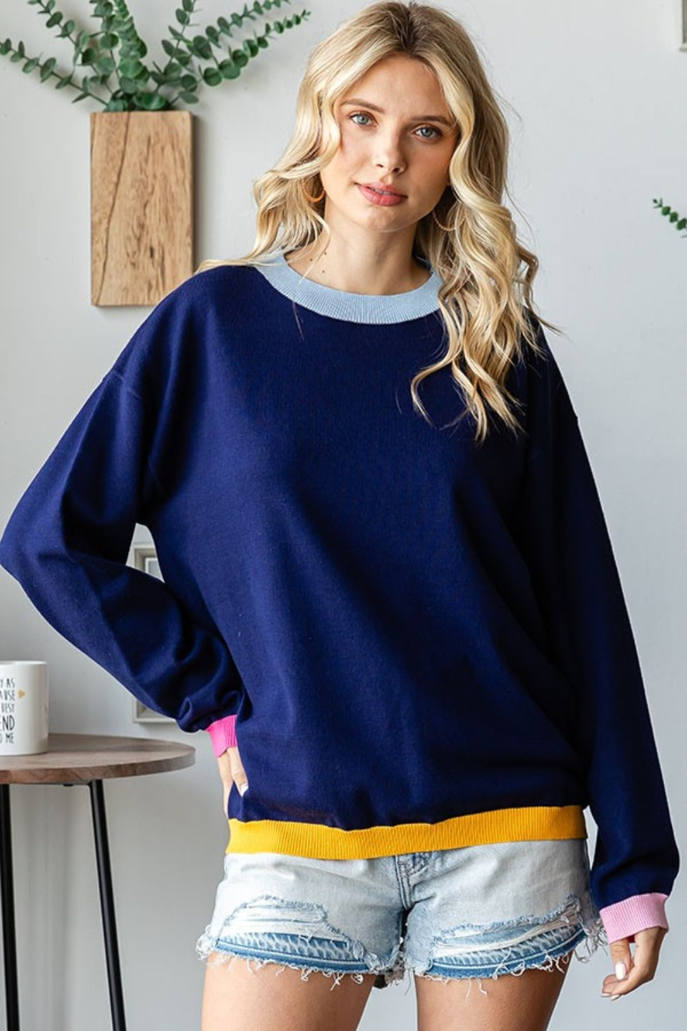 First Love Contrast Ribbed Round Neck Long Sleeve Sweater-TOPS / DRESSES-[Adult]-[Female]-Navy Multi-S-2022 Online Blue Zone Planet