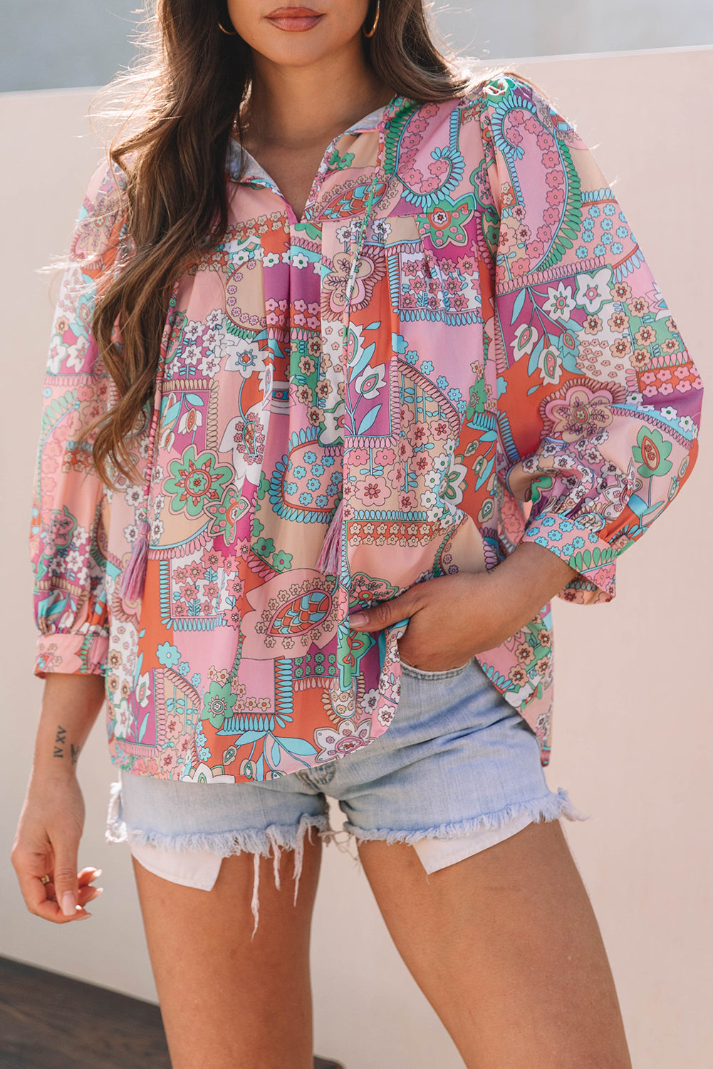 Multicolour Boho Floral Bubble Sleeve Tassel Tied Neck Pleated Blouse-Tops/Blouses & Shirts-[Adult]-[Female]-2022 Online Blue Zone Planet