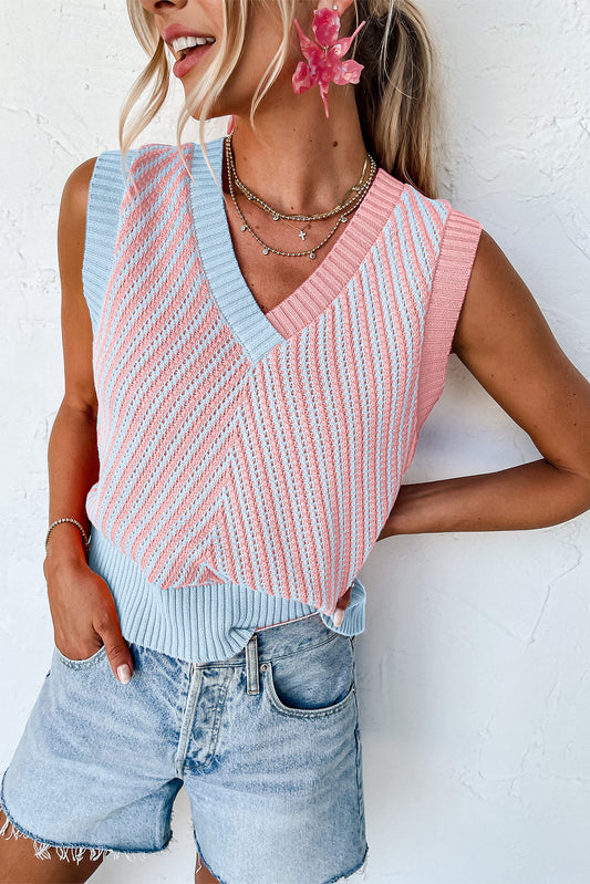 Light Pink Contrast Chevron Knit V Neck Sweater Vest-Sweaters & Cardigans/Sweater Vests-[Adult]-[Female]-Light Pink-S-2022 Online Blue Zone Planet
