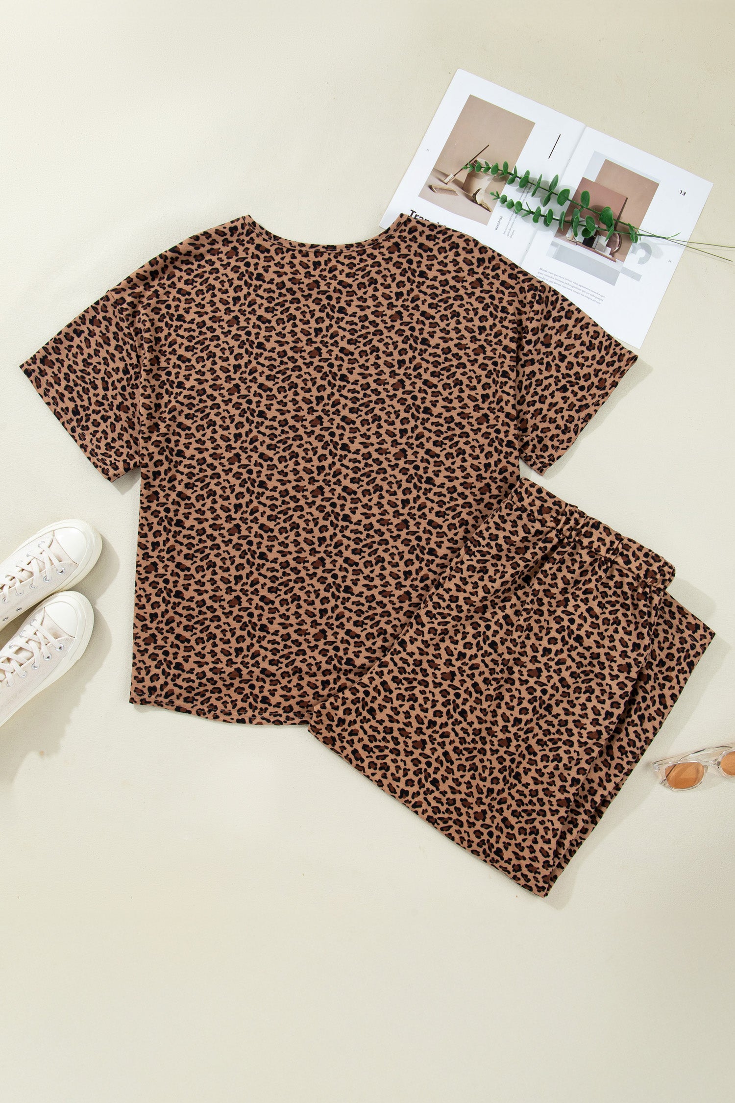 Brown Plus Size Leopard Loose Top Pleated Pants Set-Plus Size/Plus Size Loungewear-[Adult]-[Female]-2022 Online Blue Zone Planet