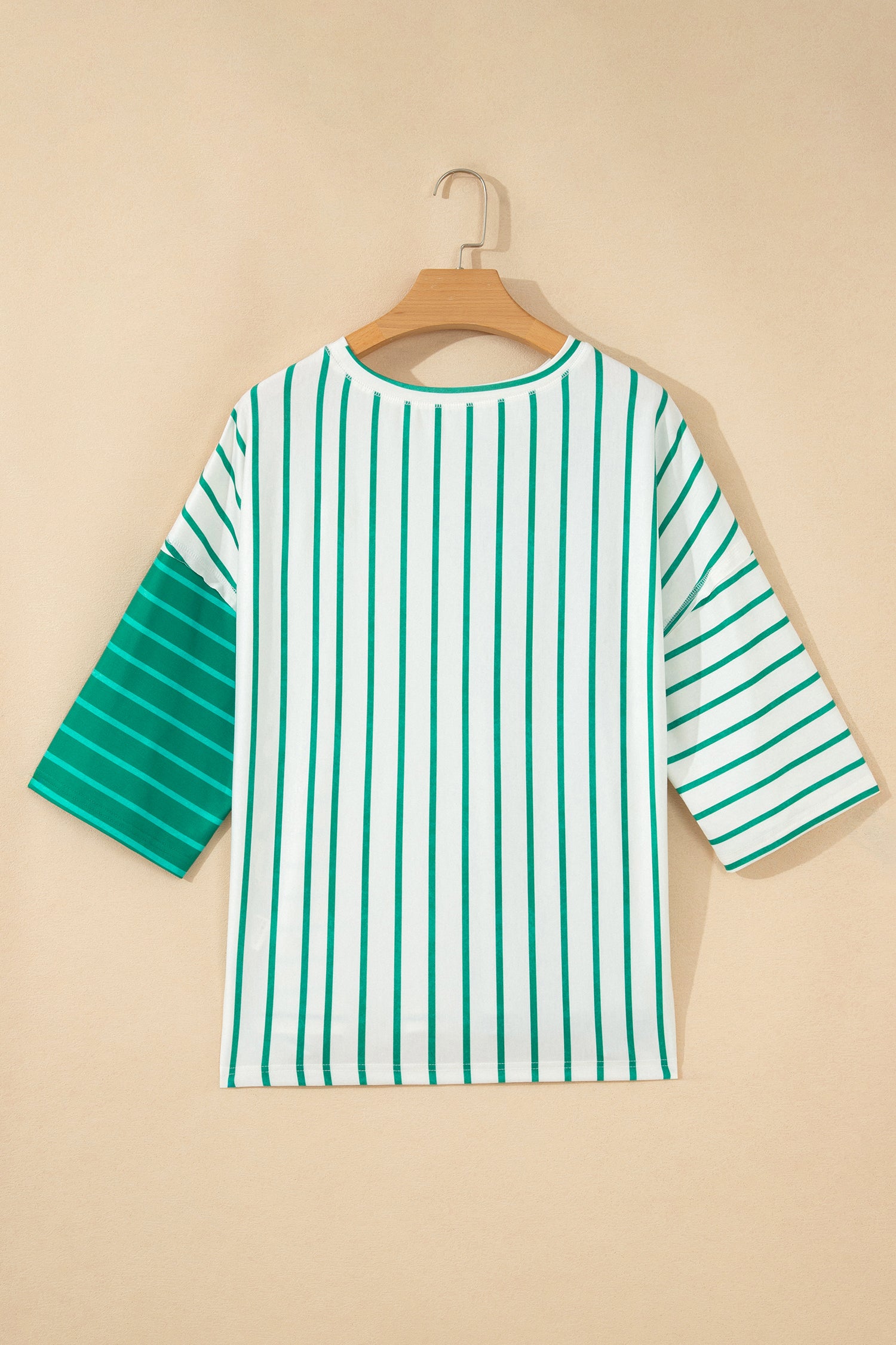 Green Stripe Colorblock 3/4 Sleeve Loose T Shirt-Tops/Tops & Tees-[Adult]-[Female]-2022 Online Blue Zone Planet