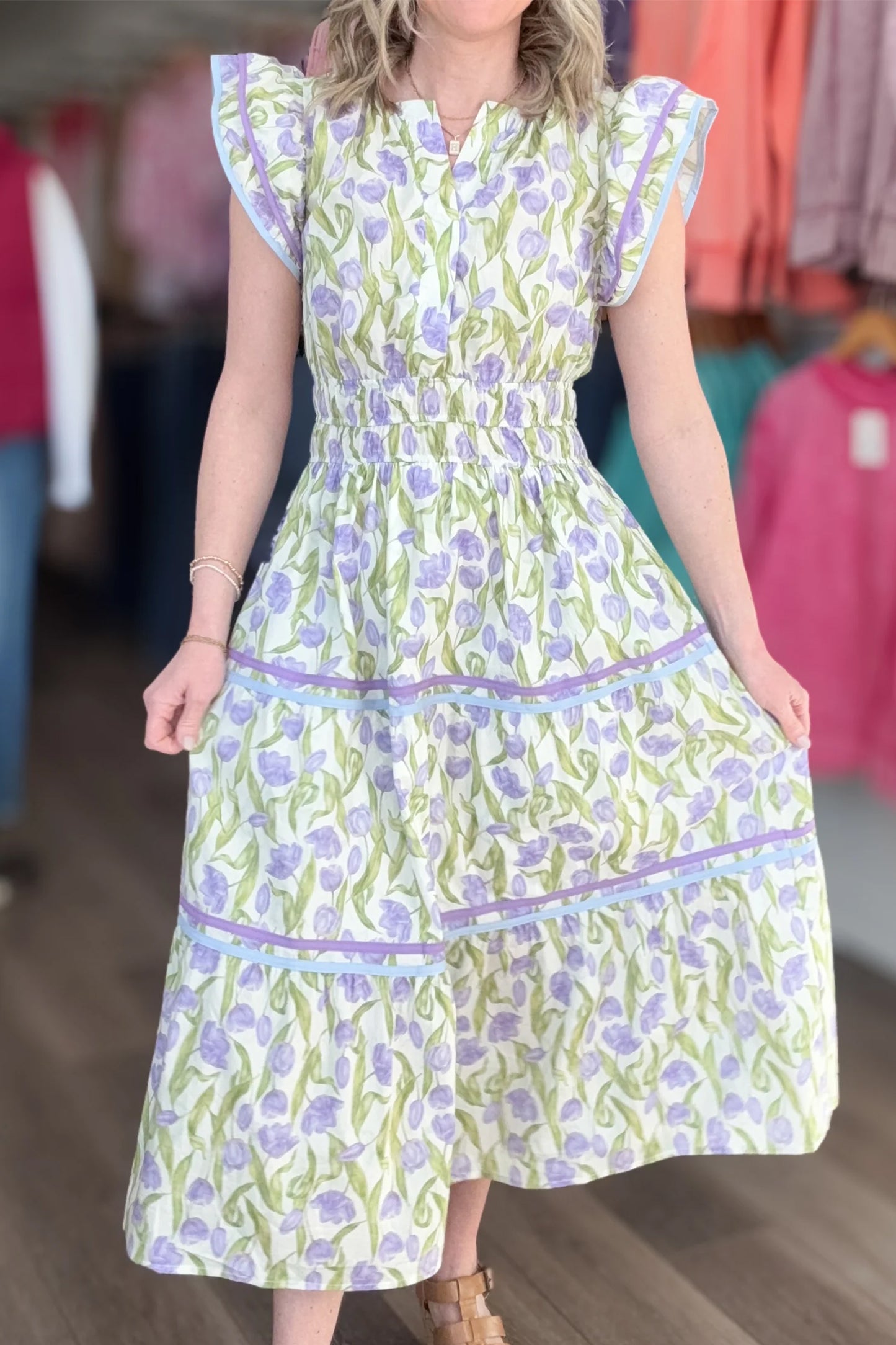 Purple Tulip Floral Print Contrast Trim Midi Dress-Dresses/Floral Dresses-[Adult]-[Female]-2022 Online Blue Zone Planet