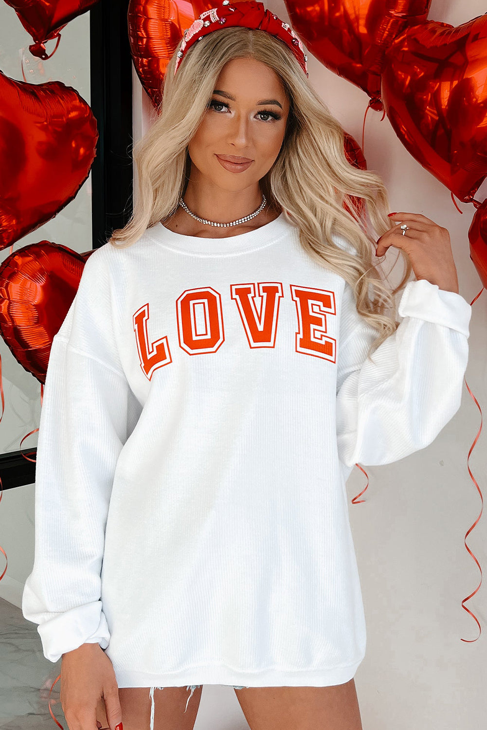 White LOVE Printed Crewneck Valentines Pullover Sweatshirt-Graphic Sweatshirts-[Adult]-[Female]-2022 Online Blue Zone Planet