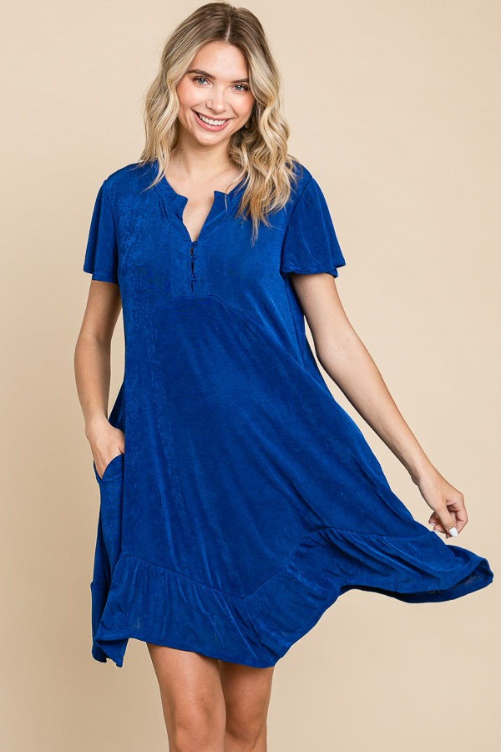 Culture Code Full Size Short Sleeve Ruffled Asymmetric Hem Dress-TOPS / DRESSES-[Adult]-[Female]-Royal-S-2022 Online Blue Zone Planet