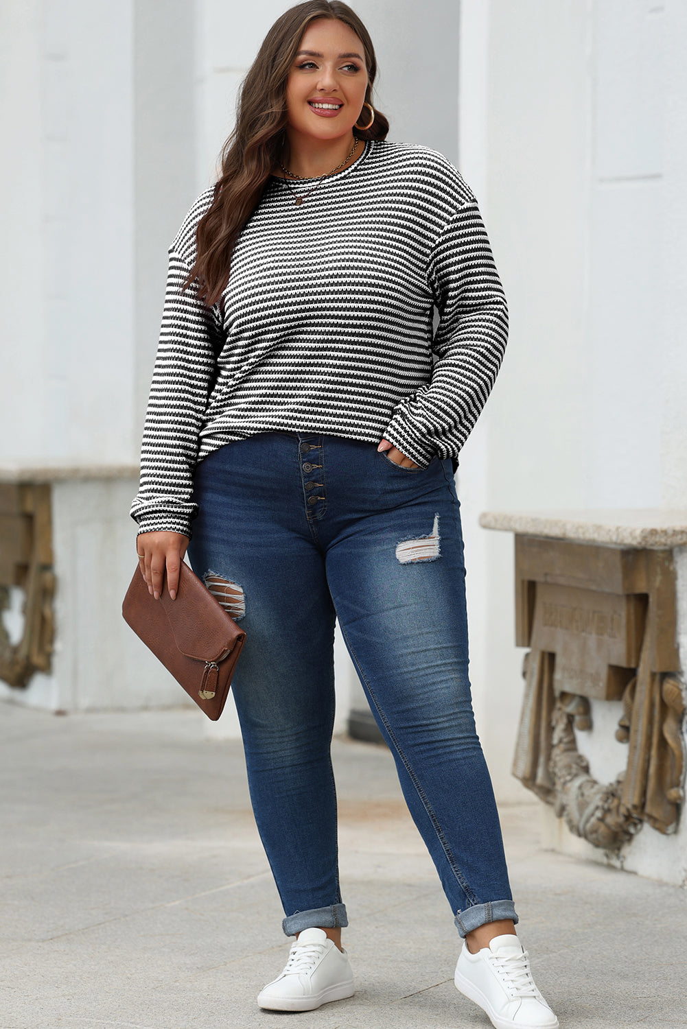 Rose Stripe Round Neck Drop Shoulder Long Sleeve Top-Tops/Long Sleeve Tops-[Adult]-[Female]-2022 Online Blue Zone Planet