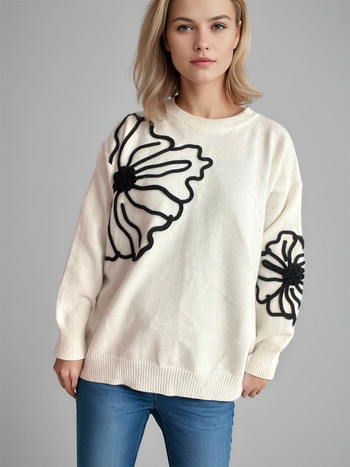 Flower Round Neck Long Sleeve Sweater-TOPS / DRESSES-[Adult]-[Female]-Cream-One Size-2022 Online Blue Zone Planet