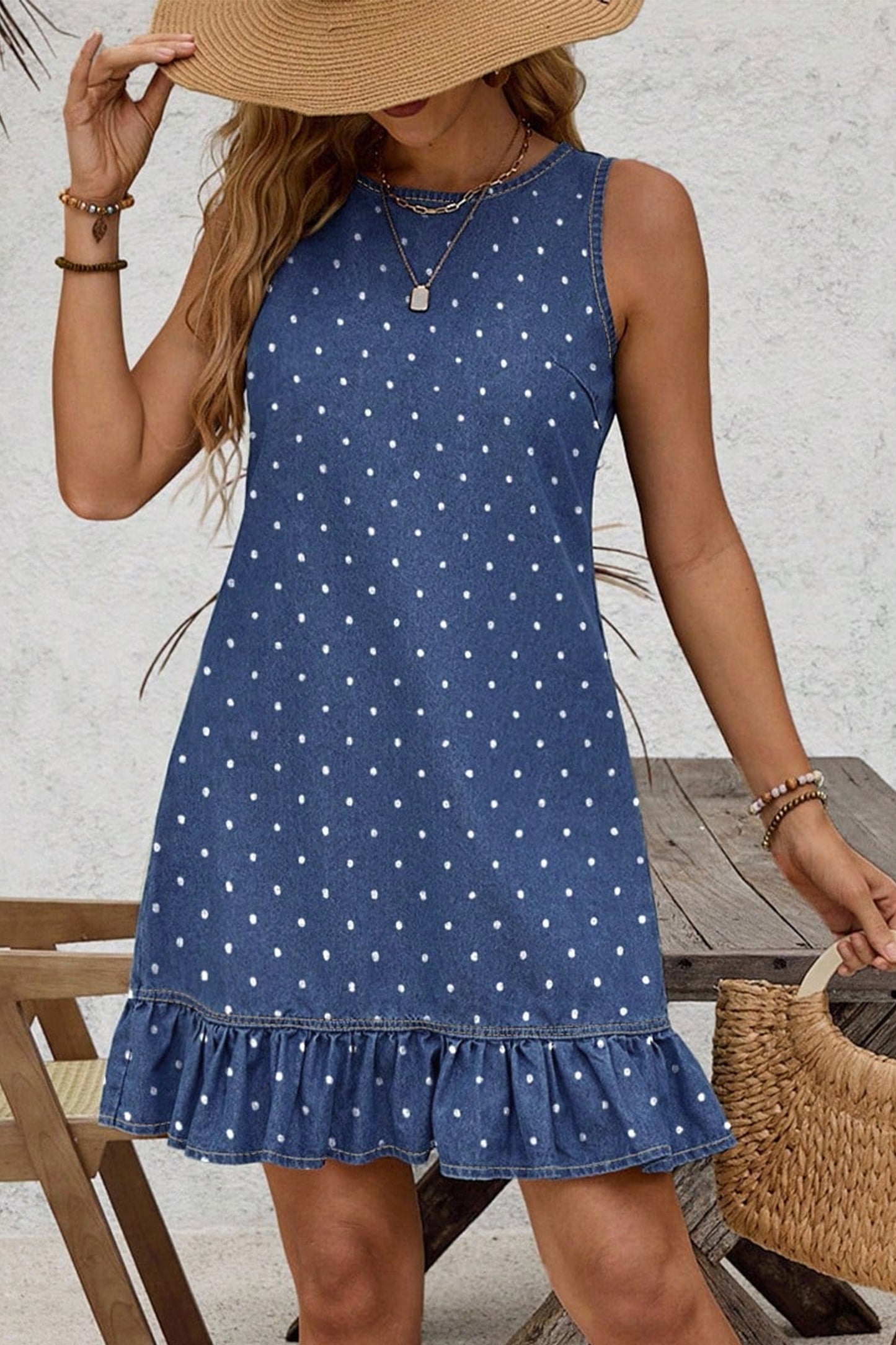 Blue Polka Dot Ruffle Hem Sleeveless Shift Dress Mini Vacation Wholesale