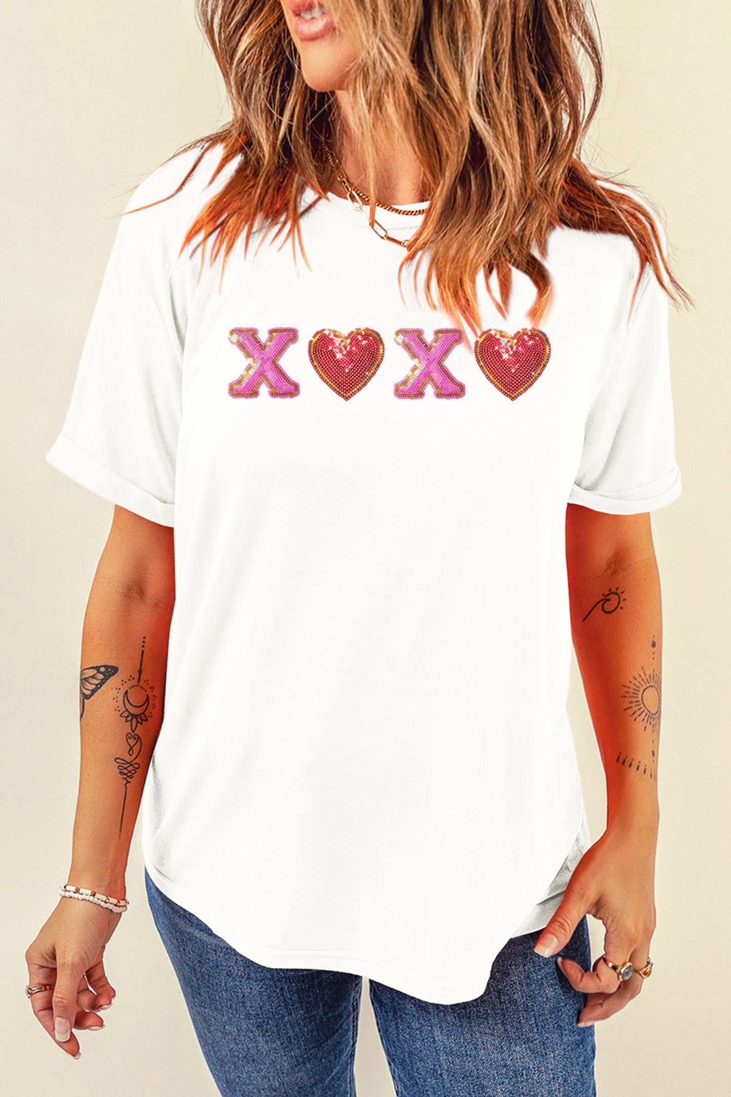 White Xoxo Sequin Heart Patched Valentines Day Cuffed T Shirt-Graphic Tees-[Adult]-[Female]-2022 Online Blue Zone Planet