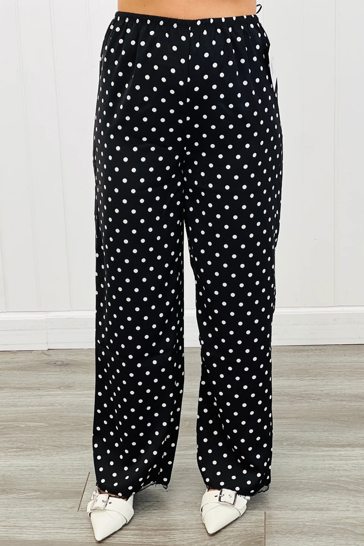 Black Polka Dot Print Elastic Waist Lace Hem Loose Pants-Bottoms/Pants & Culotte-[Adult]-[Female]-2022 Online Blue Zone Planet