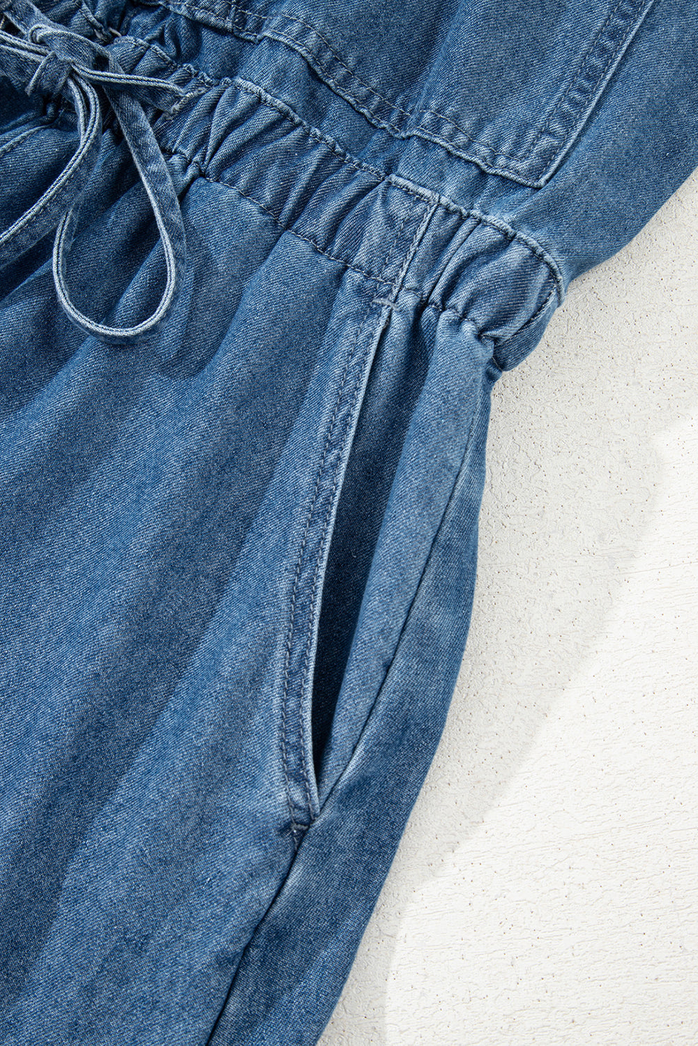 Sky Blue Buckle Straps Bib Style Drawstring Tied Backless Flared Denim Romper-Bottoms/Jumpsuits & Rompers-[Adult]-[Female]-2022 Online Blue Zone Planet