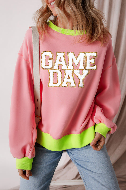 Pink GAME DAY Glitter Color Block Crew Neck Sweatshirt-Graphic/Graphic Sweatshirts-[Adult]-[Female]-Pink-S-2022 Online Blue Zone Planet