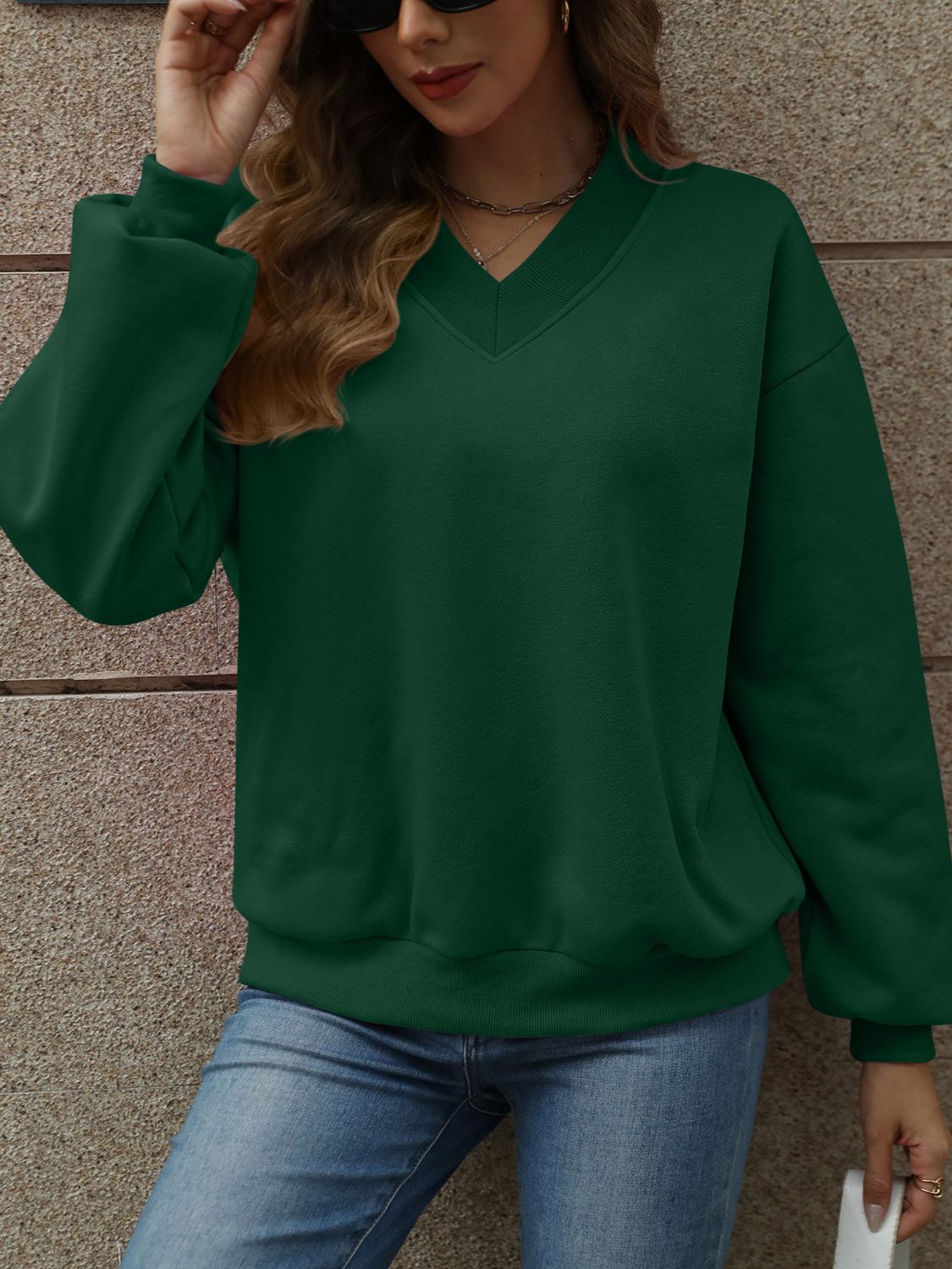 V-Neck Long Sleeve Dropped Shoulder Sweatshirt-TOPS / DRESSES-[Adult]-[Female]-2022 Online Blue Zone Planet