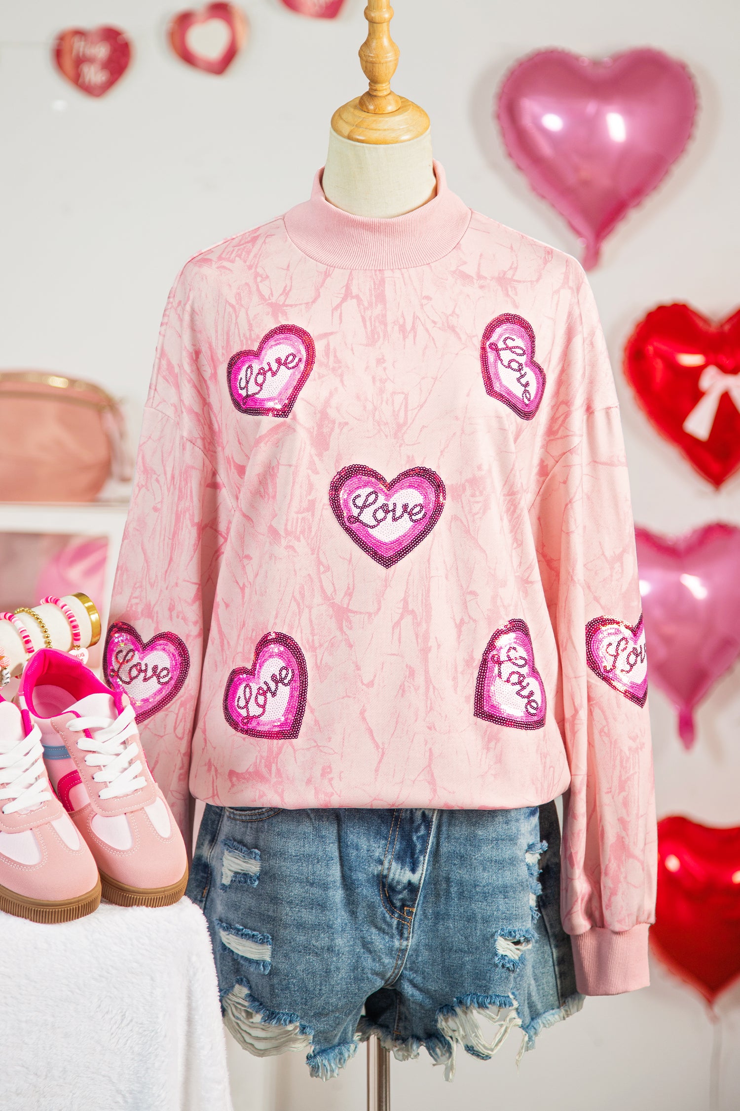 Pink Tie Dye Camo Sequin Love Heart Patched Mock Neck Sweatshirt-Graphic Sweatshirts-[Adult]-[Female]-2022 Online Blue Zone Planet
