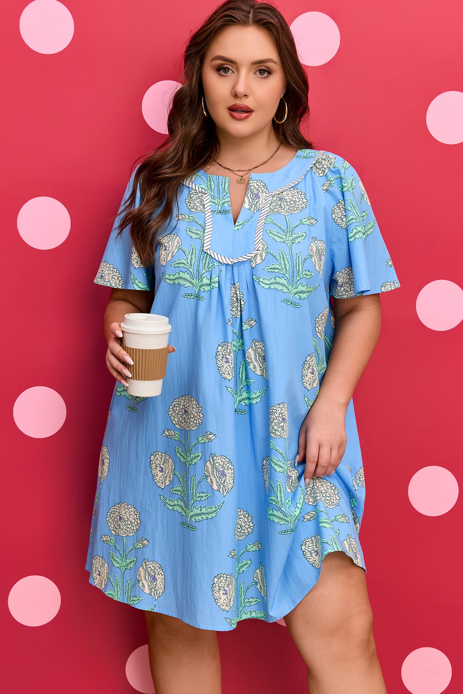 Sky Blue Plus Periwinkle Floral Printed Short Sleeve Striped Trim Split Neck Mini Dress-TOPS / DRESSES-[Adult]-[Female]-2022 Online Blue Zone Planet