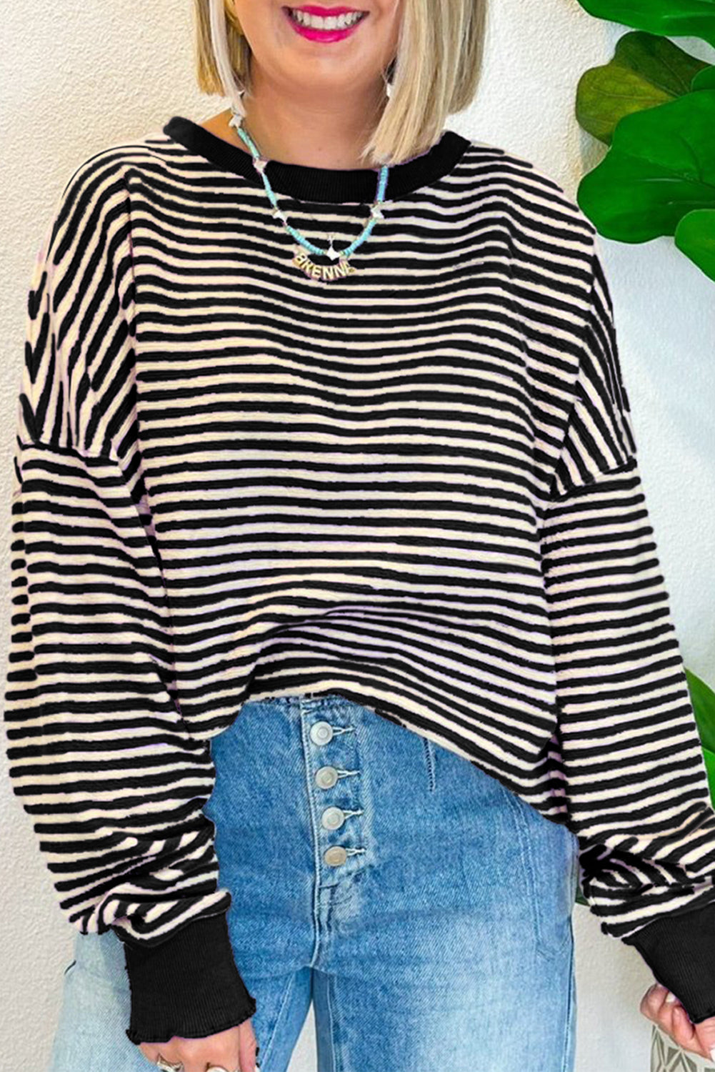 Blue Zone Planet | Green Stripe Drop Shoulder Long Sleeve Top-Long Sleeve Tops-[Adult]-[Female]-Black Stripe-S-2022 Online Blue Zone Planet