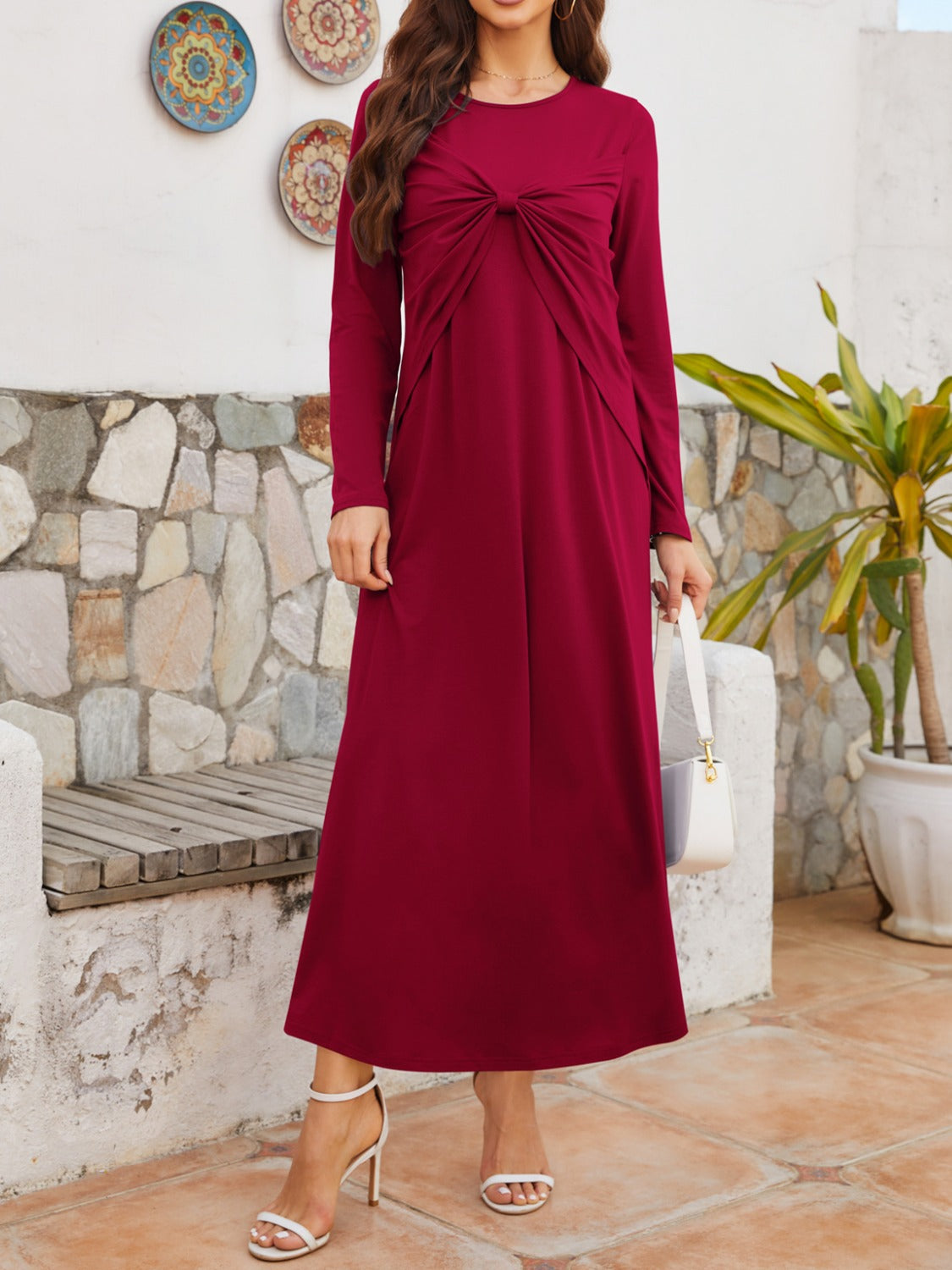 Twisted Round Neck Long Sleeve Dress-TOPS / DRESSES-[Adult]-[Female]-Burgundy-S-2022 Online Blue Zone Planet