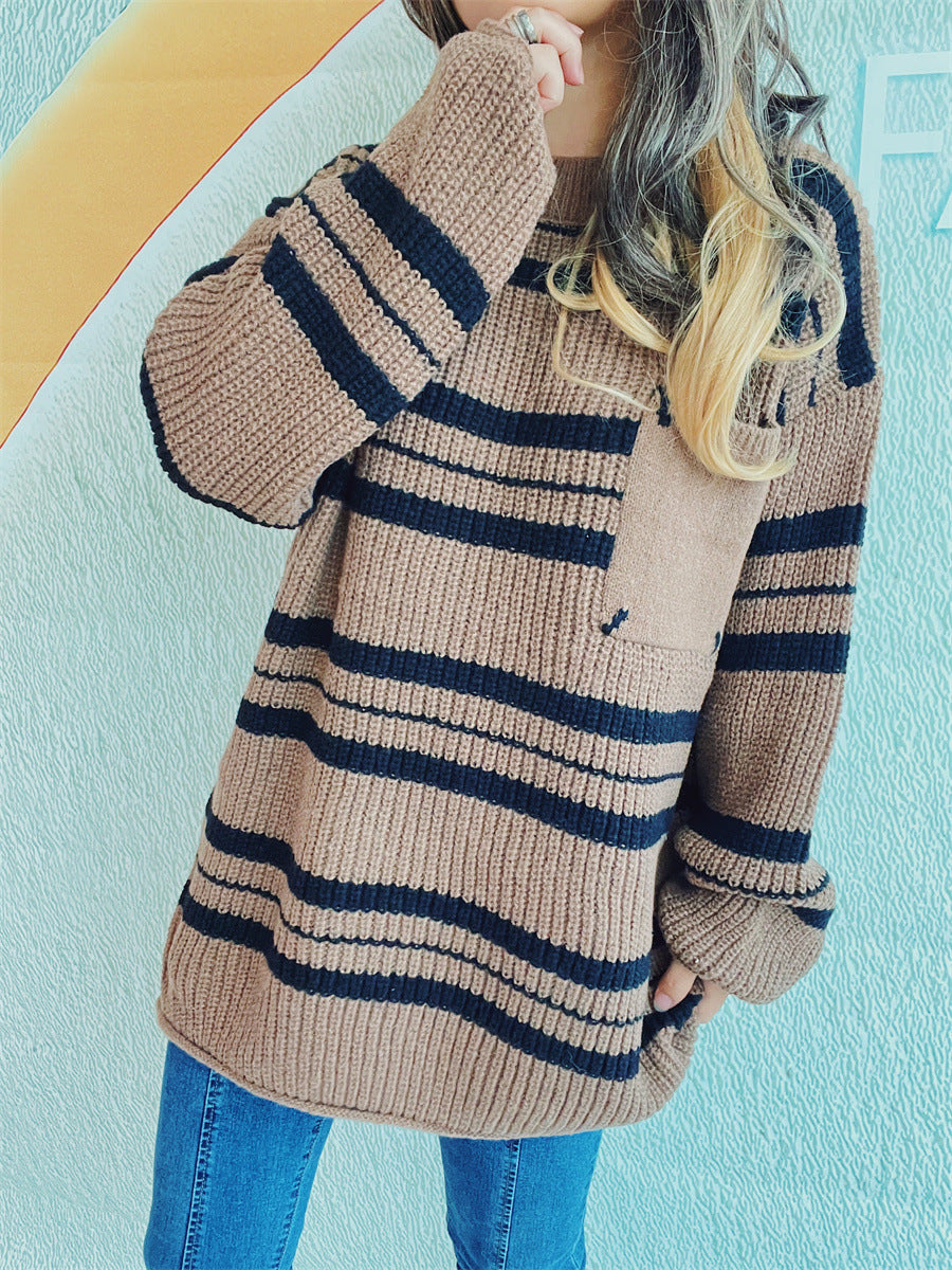 Blue Zone Planet | Striped Round Neck Long Sleeve Sweater-TOPS / DRESSES-[Adult]-[Female]-2022 Online Blue Zone Planet