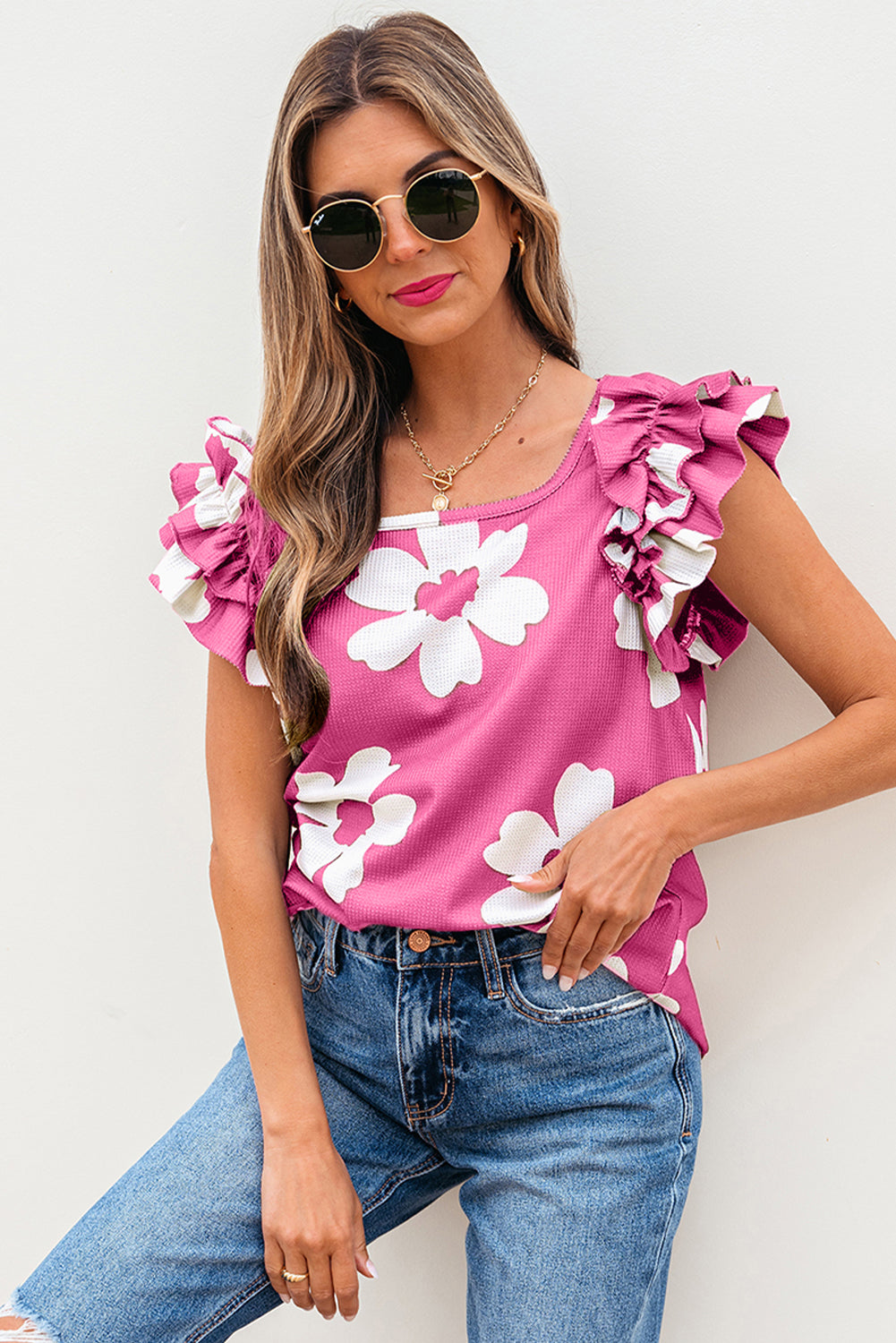 Pink Floral Textured Ruffled Short Sleeve Square Neck Blouse-Tops/Blouses & Shirts-[Adult]-[Female]-2022 Online Blue Zone Planet