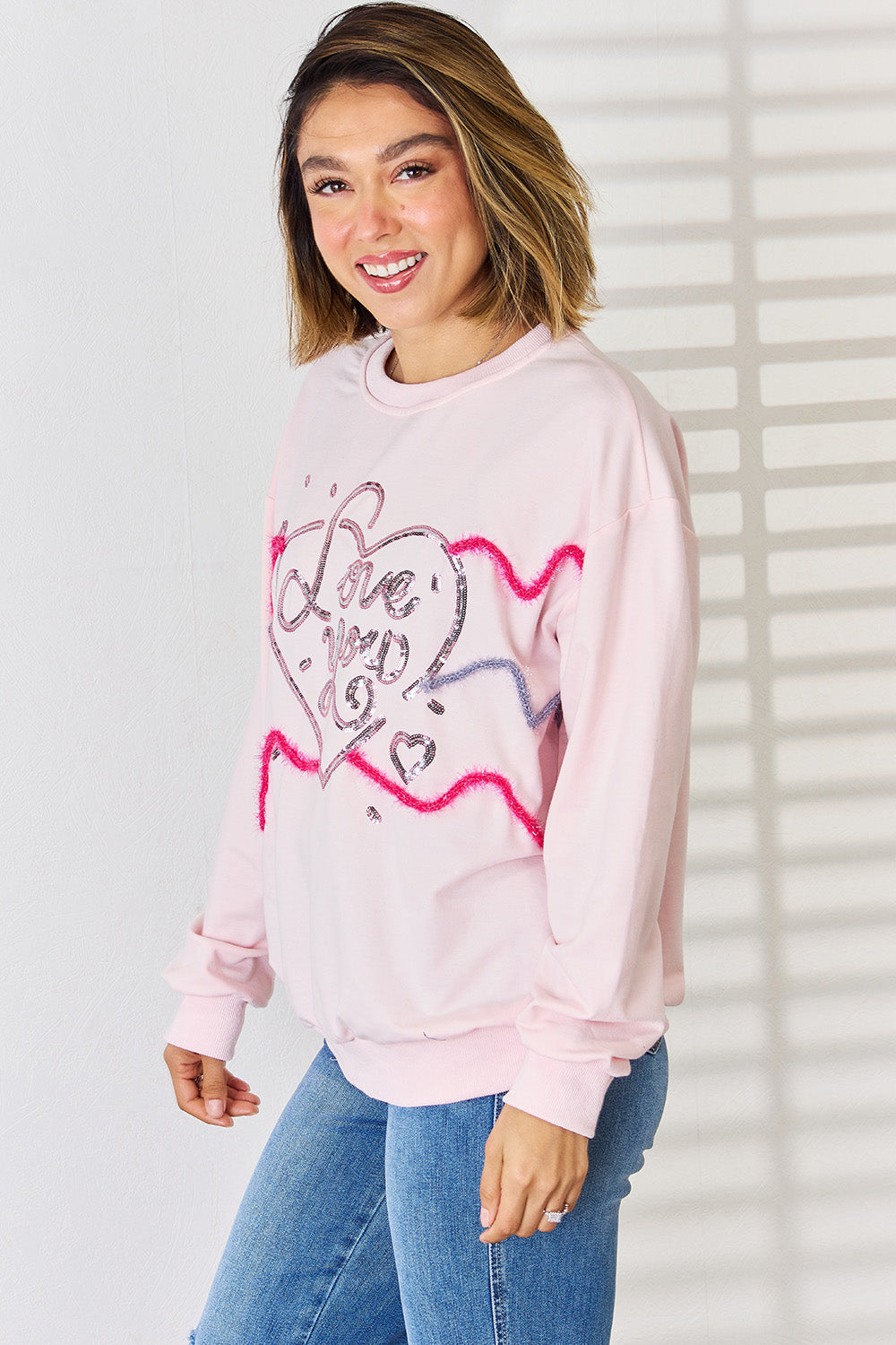 LOVE YOU Heart Sequin Round Neck Sweatshirt-TOPS / DRESSES-[Adult]-[Female]-2022 Online Blue Zone Planet