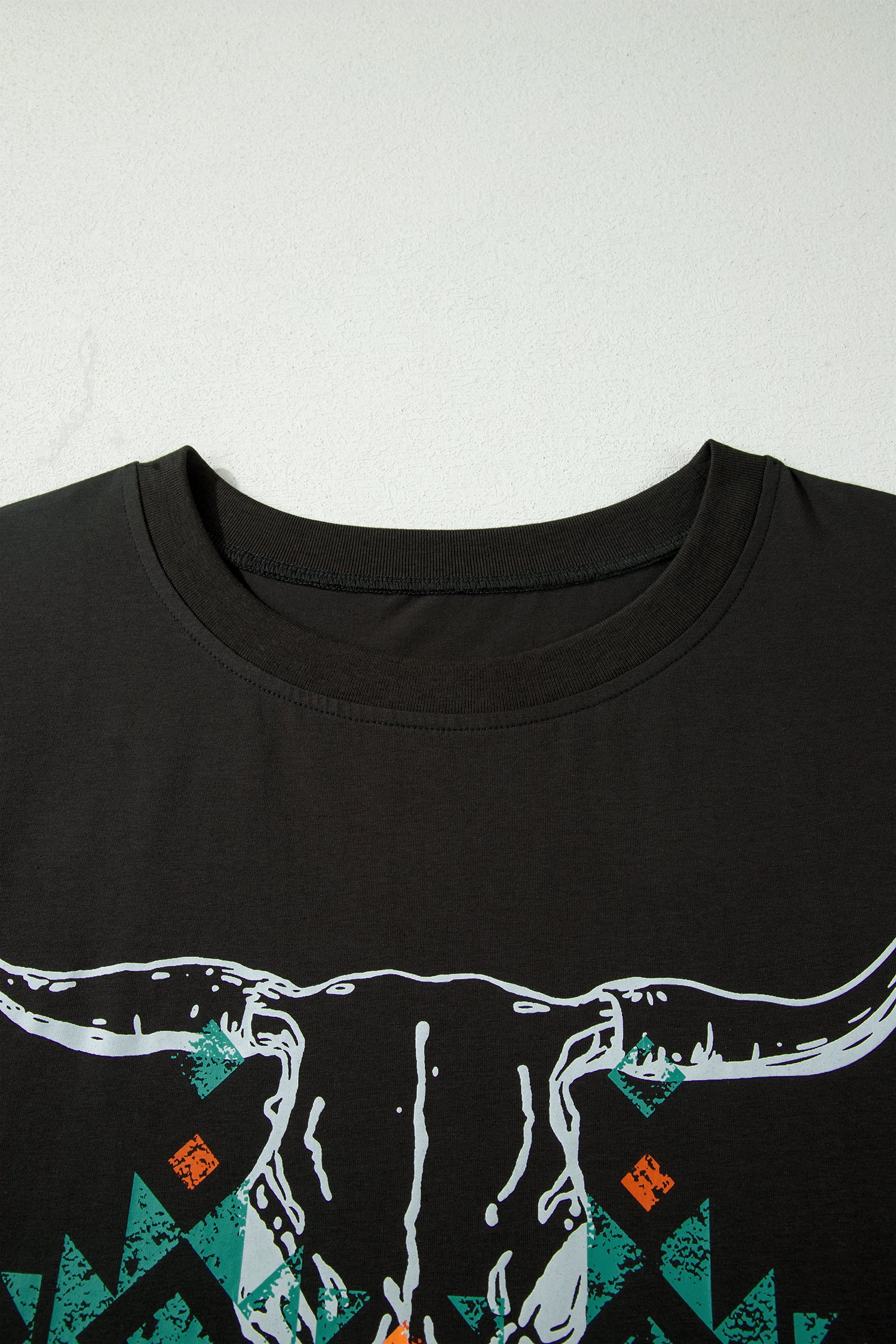 Carbon Grey Plus Size Western Aztec Bull Skull Printed T Shirt-Plus Size/Plus Size Tops/Plus Size Tops & Tees-[Adult]-[Female]-2022 Online Blue Zone Planet