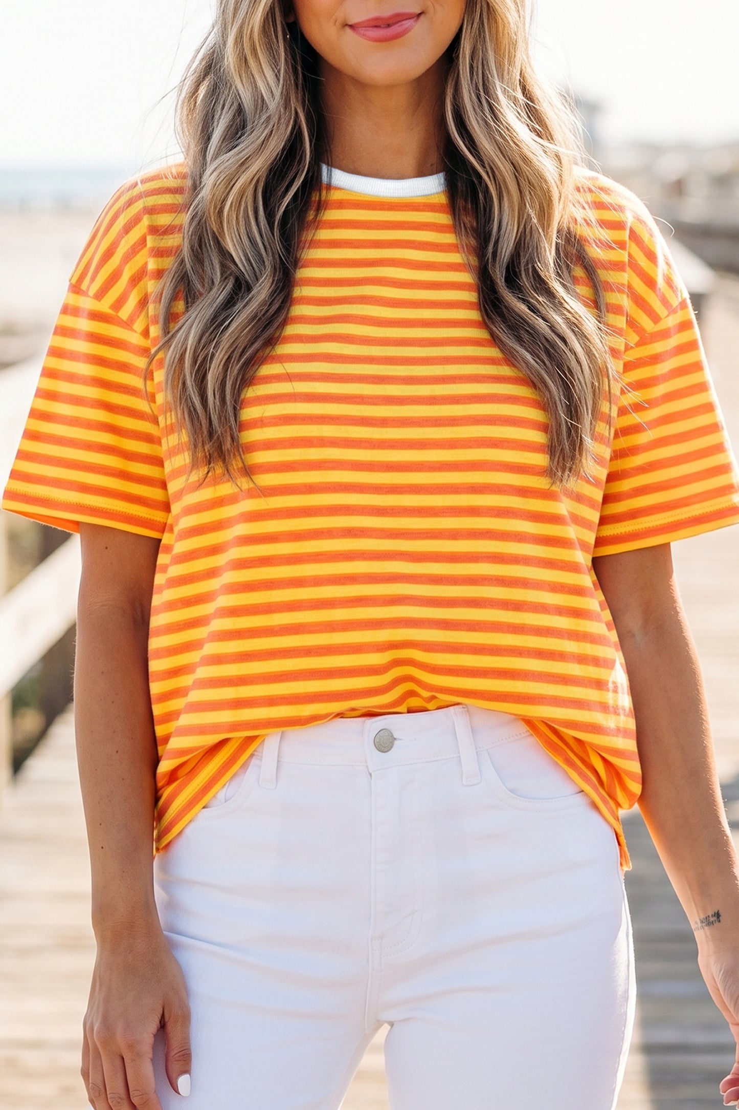 Orange Stripe Contrast Crew Neck Drop Shoulder Loose Tee-Tops/Tops & Tees-[Adult]-[Female]-2022 Online Blue Zone Planet