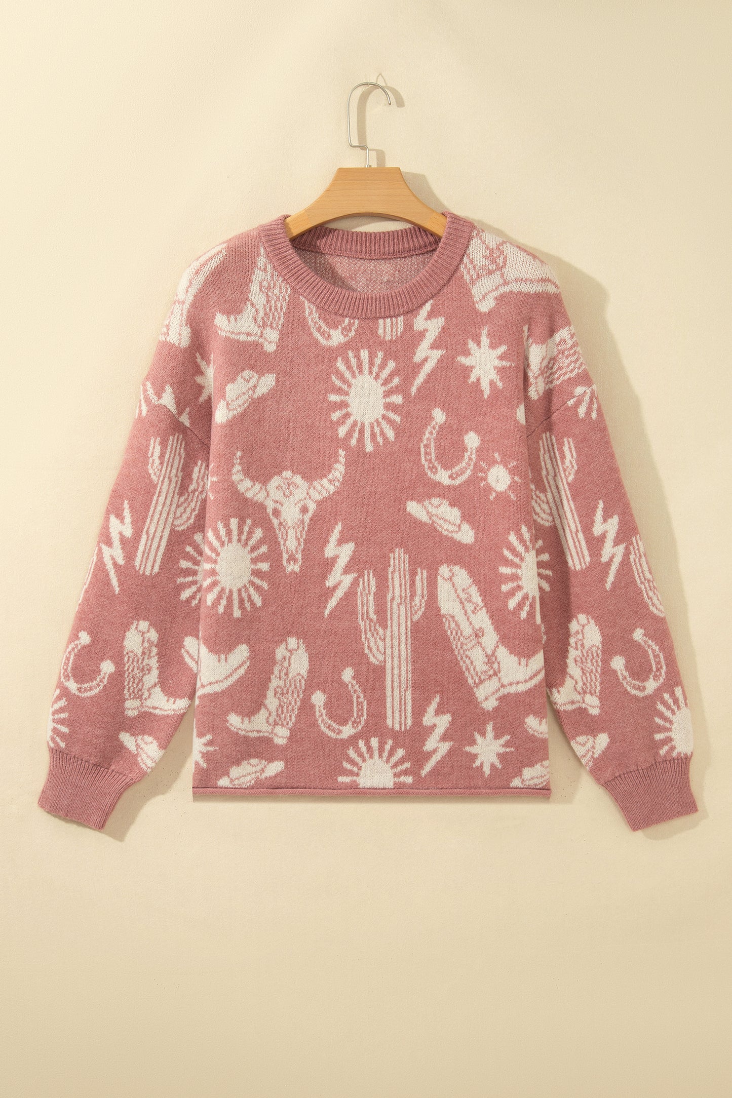 Peach Blossom Western Print Drop Shoulder Round Neck Long Sleeve Sweater-TOPS / DRESSES-[Adult]-[Female]-2022 Online Blue Zone Planet