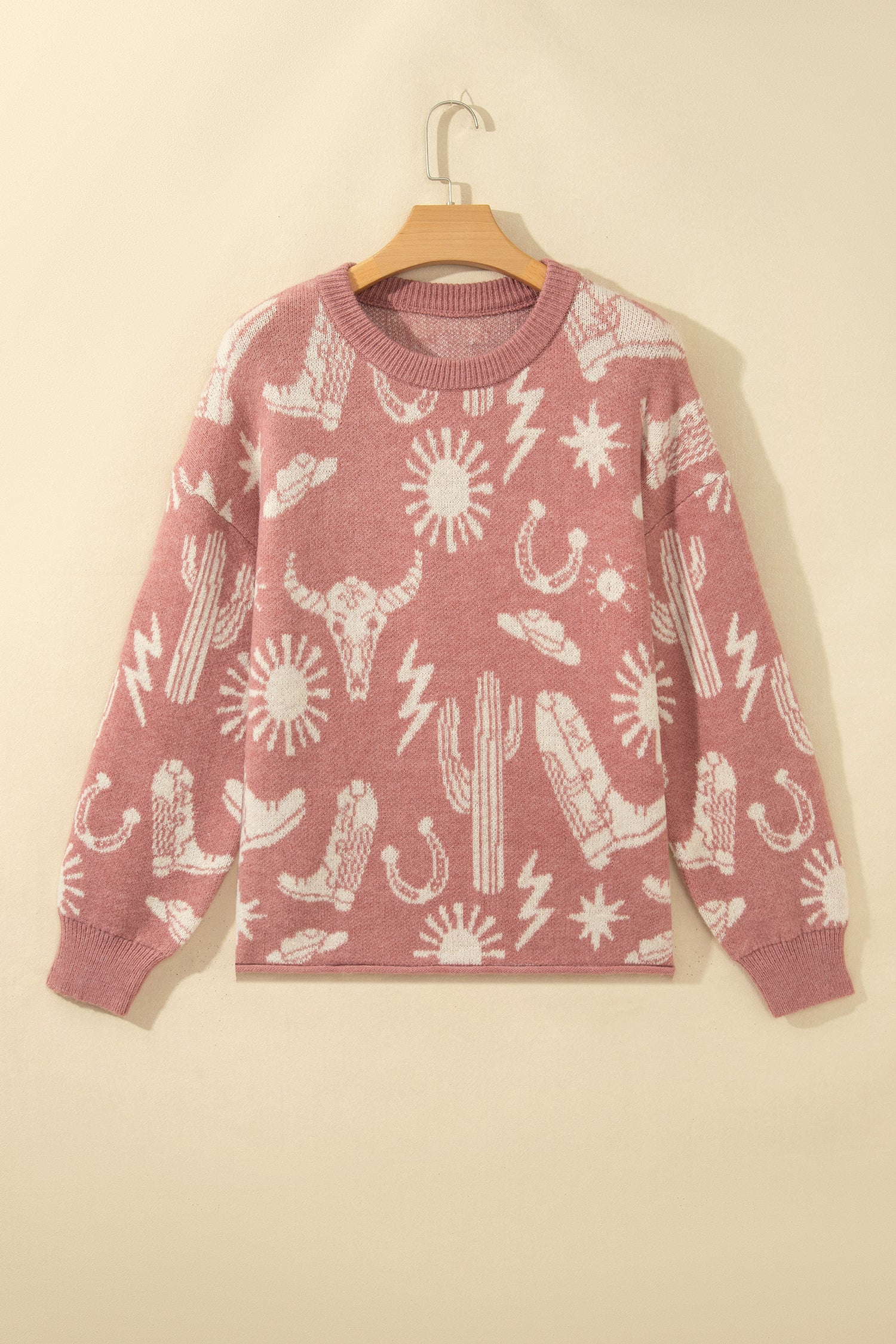 Peach Blossom Western Print Drop Shoulder Round Neck Long Sleeve Sweater-TOPS / DRESSES-[Adult]-[Female]-2022 Online Blue Zone Planet