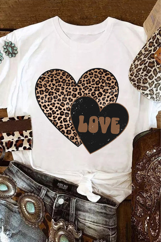White Leopard Love Double Heart Printed Valentines Graphic Tee-Graphic/Graphic Tees-[Adult]-[Female]-White-S-2022 Online Blue Zone Planet