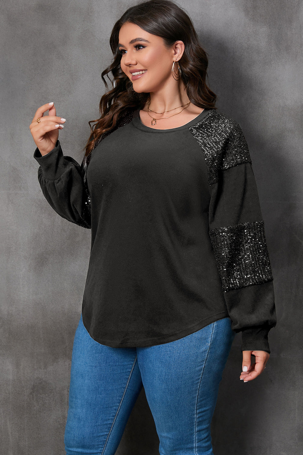 Black Plus Size Sequin Patchwork Crew Neck Long Sleeve Top-Plus Size/Plus Size Tops/Plus Size Long Sleeve Tops-[Adult]-[Female]-2022 Online Blue Zone Planet