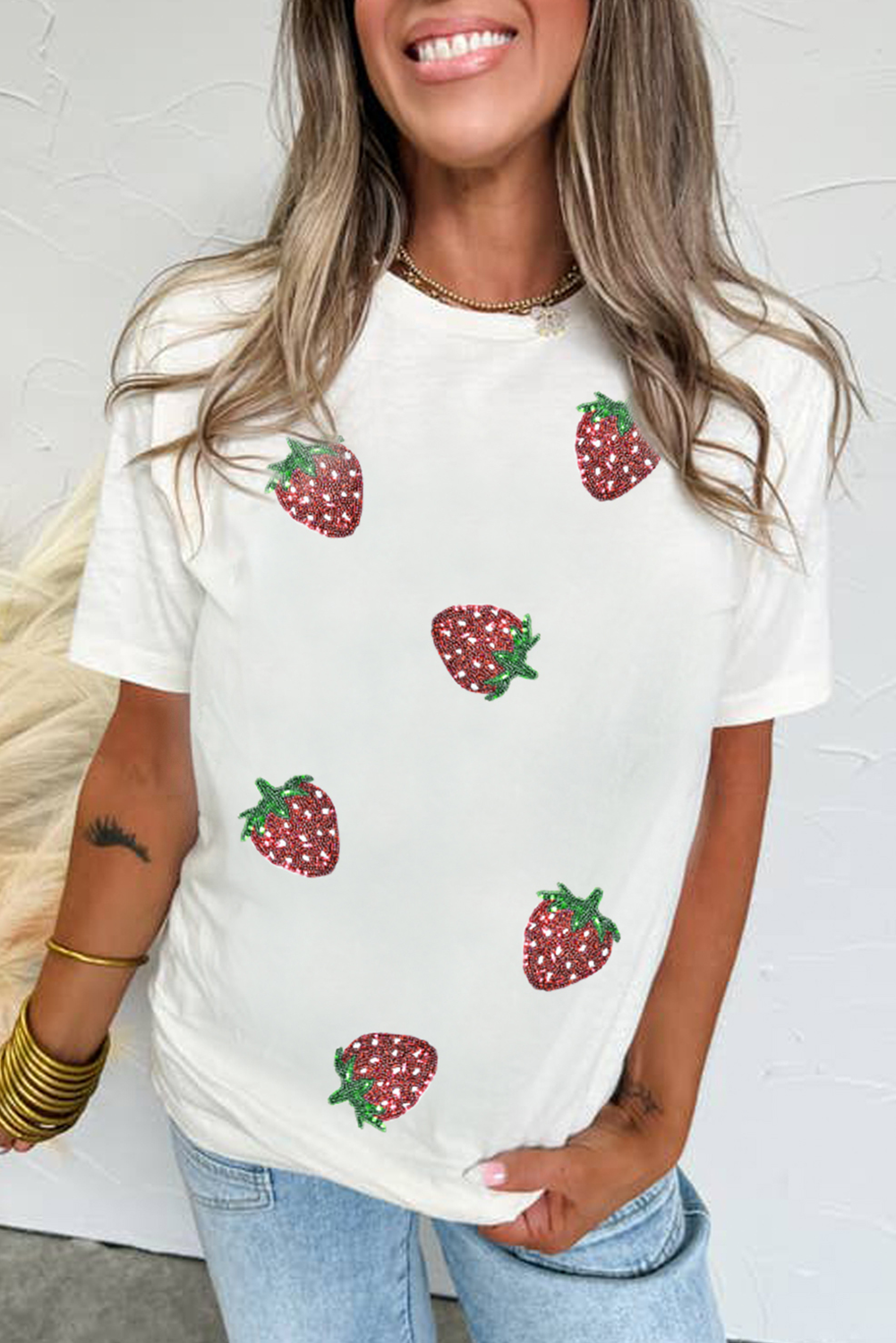 White Sequin Strawberry Patched Crew Neck T Shirt-Graphic/Graphic Tees-[Adult]-[Female]-2022 Online Blue Zone Planet