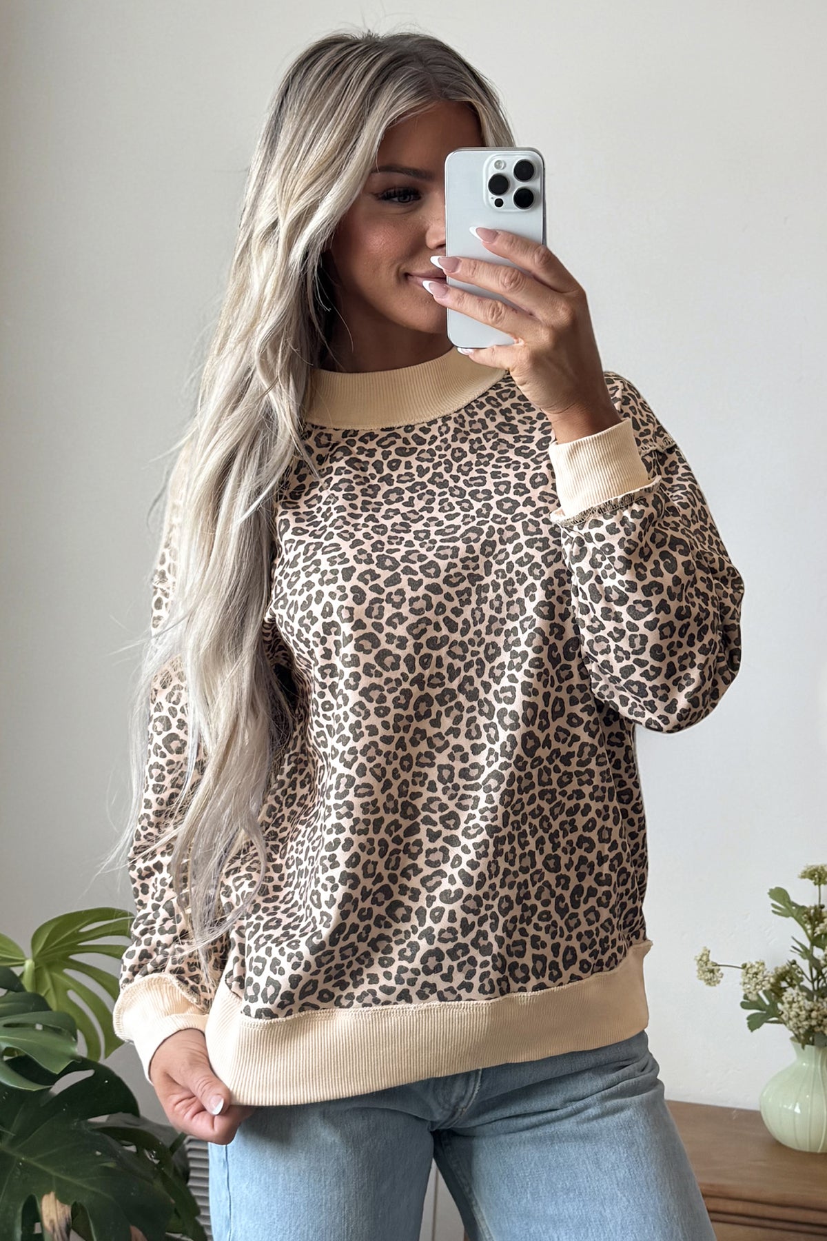 Multicolour Leopard Print High Neck Long Sleeve Ribbed Cuffs Hem Sweatshirt-Tops/Sweatshirts & Hoodies-[Adult]-[Female]-2022 Online Blue Zone Planet