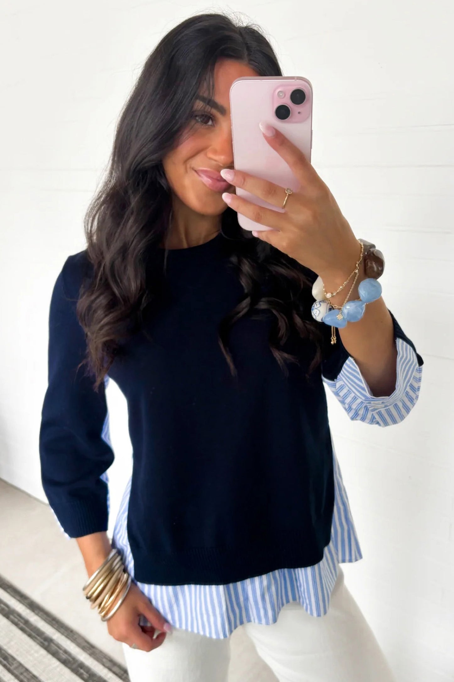 Navy Blue Drop Shoulder Long Sleeve Striped Pullover Sweater