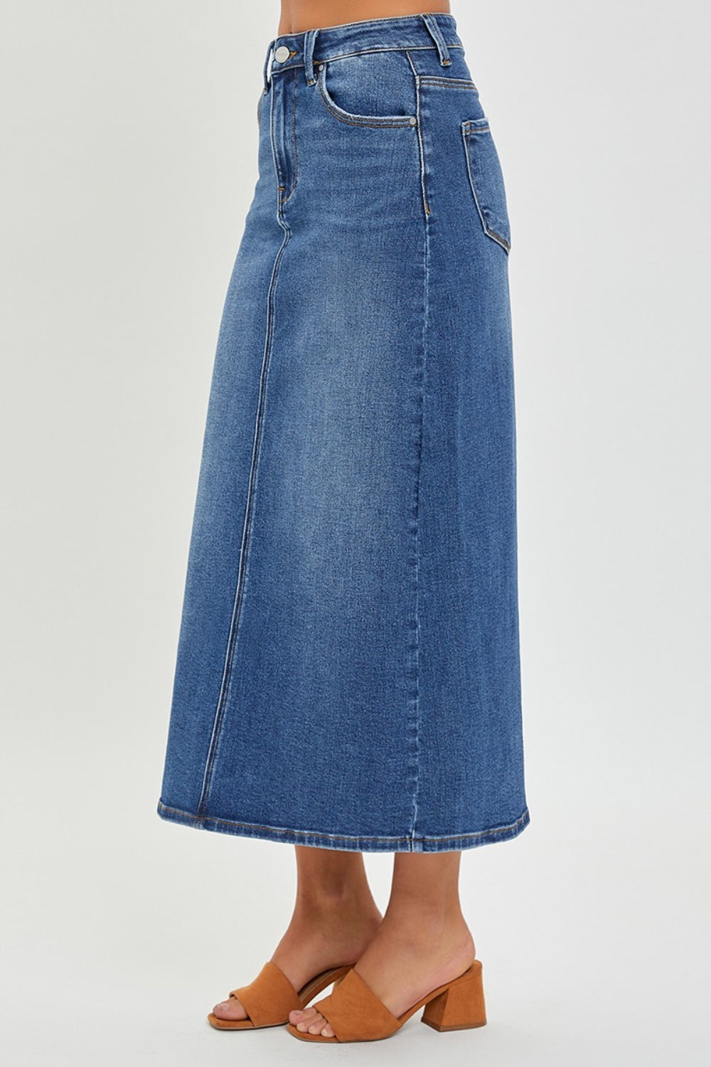 RISEN High Rise Back Slit Denim Skirt-BOTTOMS SIZES SMALL MEDIUM LARGETTOMS-[Adult]-[Female]-2022 Online Blue Zone Planet