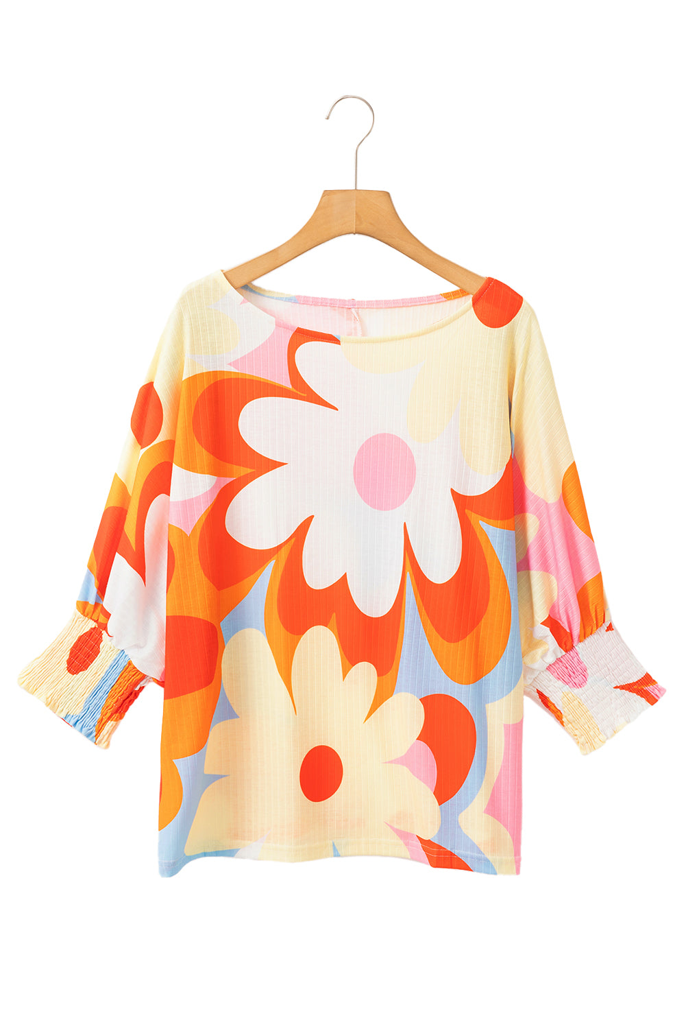 Blue Zone Planet | Yellow Ribbed Floral Printed Shirred 3/4 Sleeve Blouse-TOPS / DRESSES-[Adult]-[Female]-2022 Online Blue Zone Planet