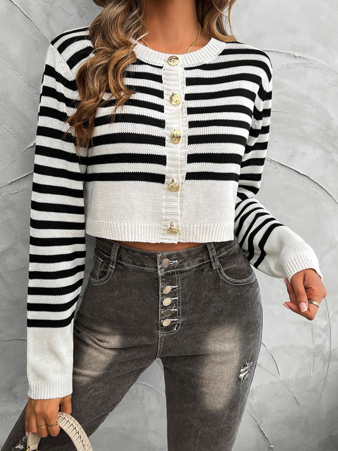 Devine Striped Round Neck Button Down Cardigan-TOPS / DRESSES-[Adult]-[Female]-Black/White-S-2022 Online Blue Zone Planet