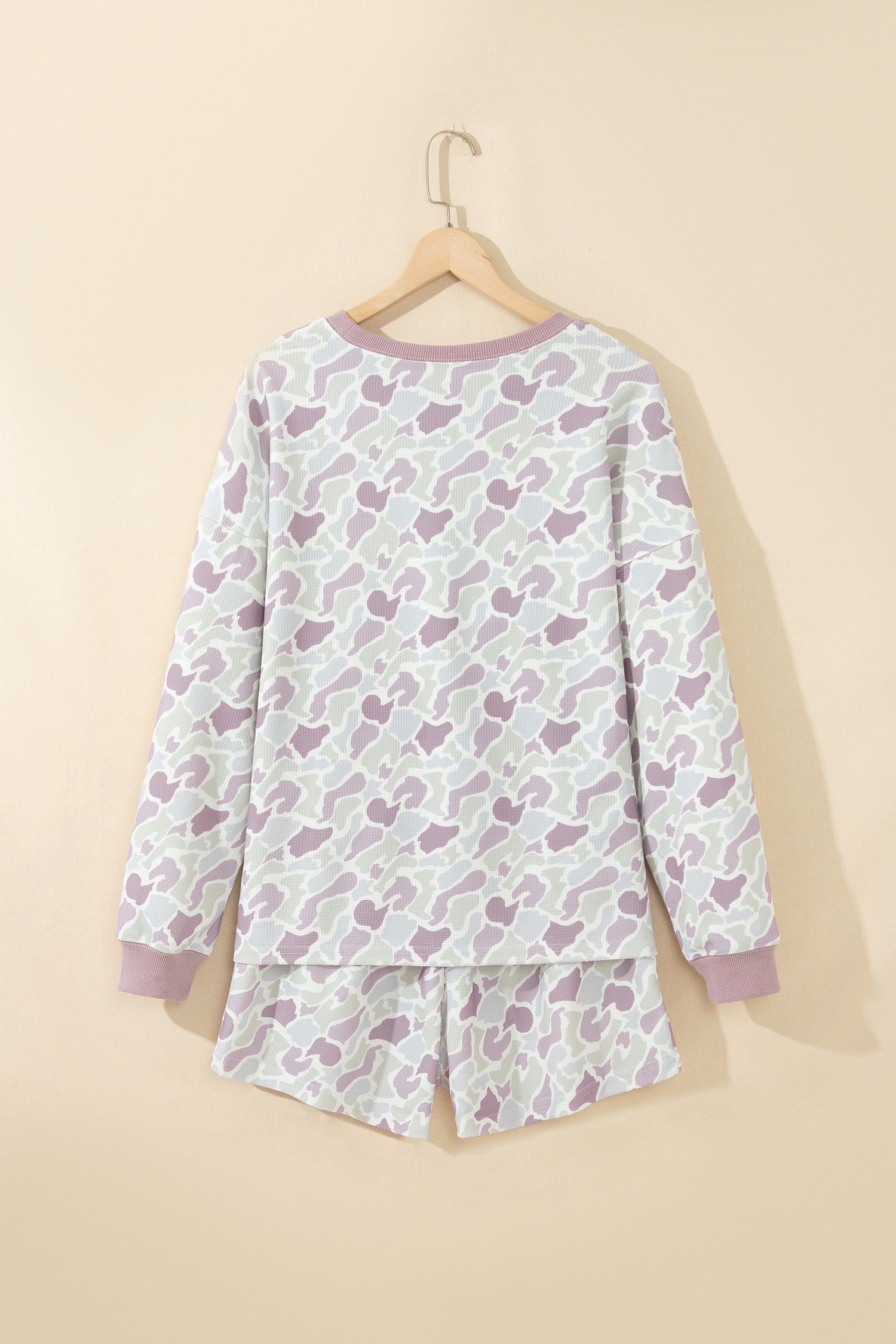 Green Camouflage Waffle Knit Long Sleeve Top Casual Shorts Set-Two Piece Sets/Short Sets-[Adult]-[Female]-2022 Online Blue Zone Planet