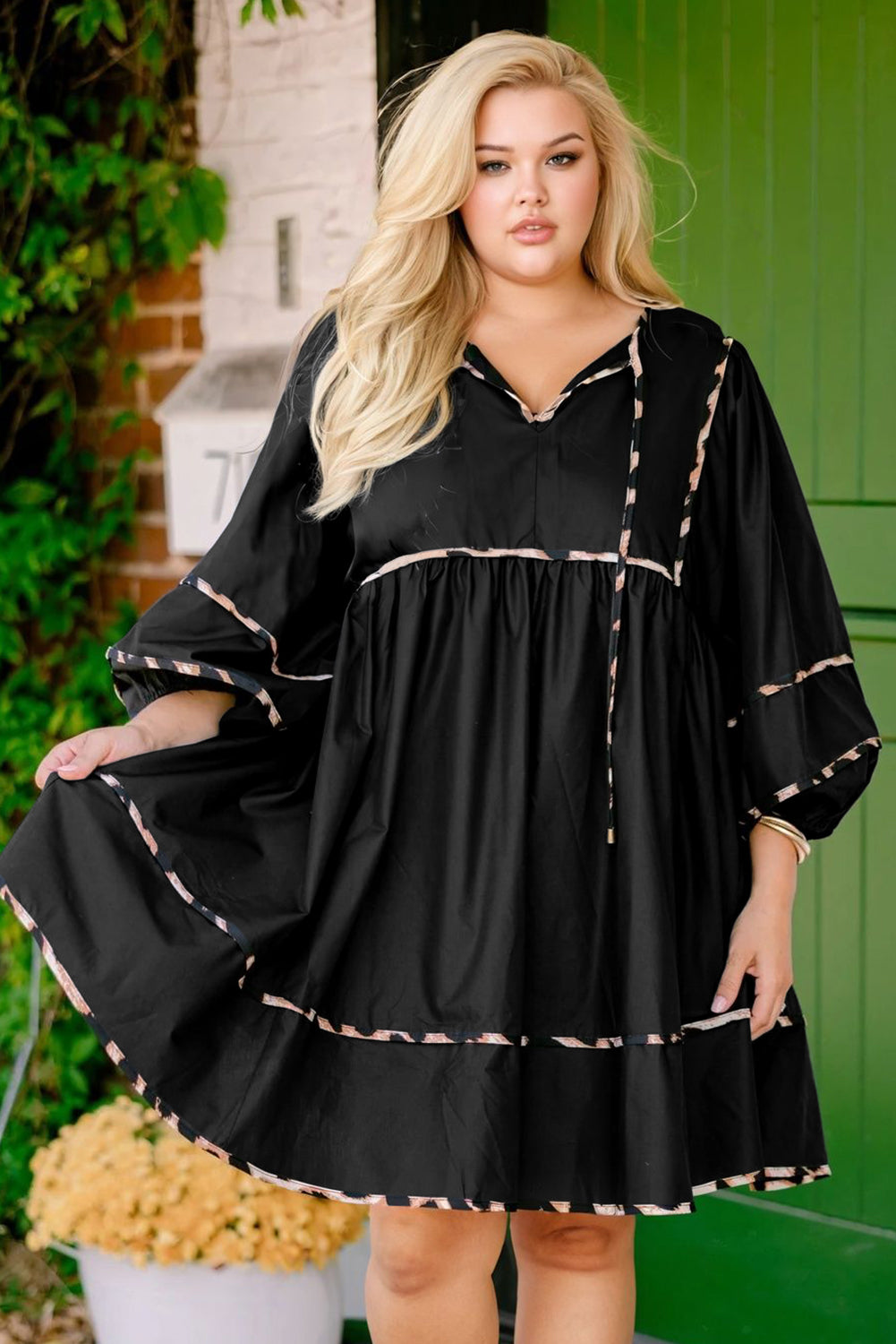Black Plus Size Long Sleeve Leopard Contrasted Trim Tie Neck Flared Mini Dress-Plus Size/Plus Size Dresses/Plus Size Mini Dresses-[Adult]-[Female]-2022 Online Blue Zone Planet