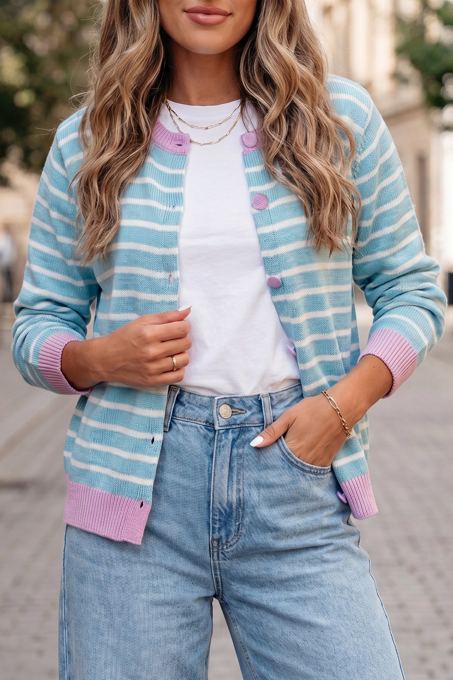 Sky Blue Stripe Contrast Trim Button Down Casual Sweater Cardigan-TOPS / DRESSES-[Adult]-[Female]-2022 Online Blue Zone Planet