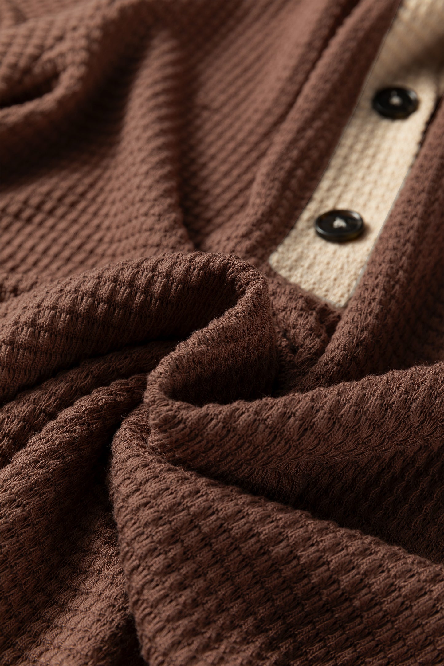 Coffee Waffle Contrast Half Buttoned Hooded Pullover Top-Tops / Dresses-[Adult]-[Female]-2022 Online Blue Zone Planet