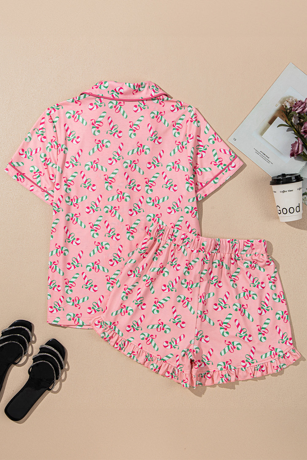 Pink Christmas Candy Cane Print Pocketed Knotted Pajama Set-Loungewear & Sleepwear/Sleepwear-[Adult]-[Female]-2022 Online Blue Zone Planet