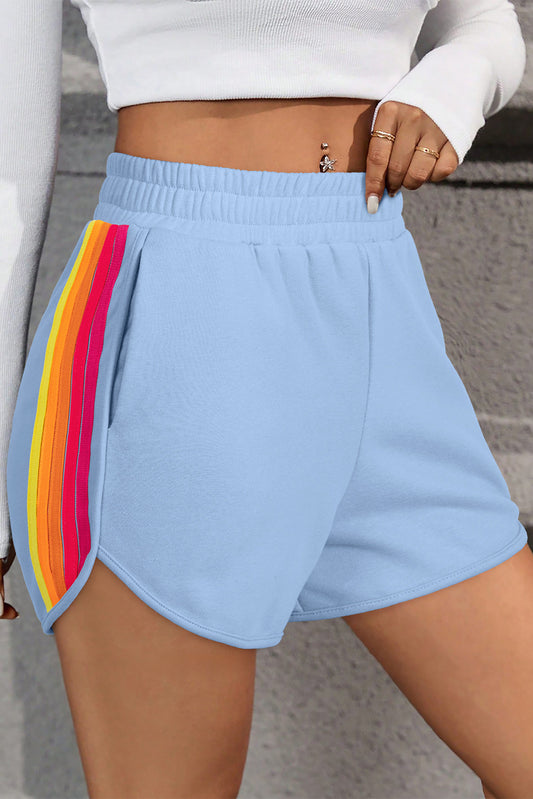 Beau Blue Color Block Stripes Elastic High Waist Active Shorts-Bottoms/Casual Shorts-[Adult]-[Female]-Beau Blue-S-2022 Online Blue Zone Planet