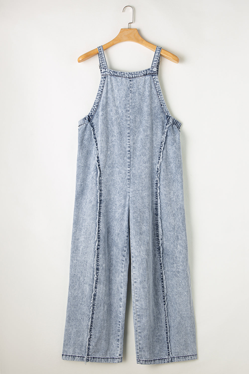Beau Blue Light Wash Frayed Exposed Seam Wide Leg Denim Overall Blue Zone Planet