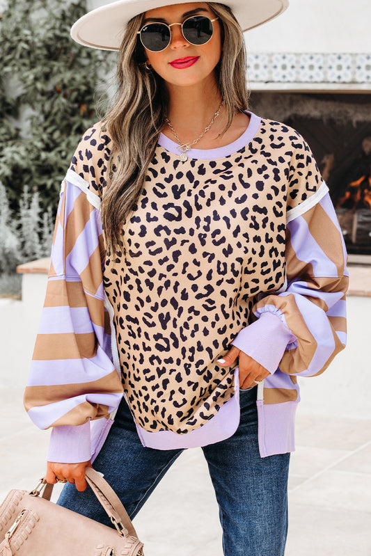 Purple Stripe Color Block Patchwork Leopard Casual Sweatshirt with Slits-Tops/Sweatshirts & Hoodies-[Adult]-[Female]-Purple Stripe-S-2022 Online Blue Zone Planet
